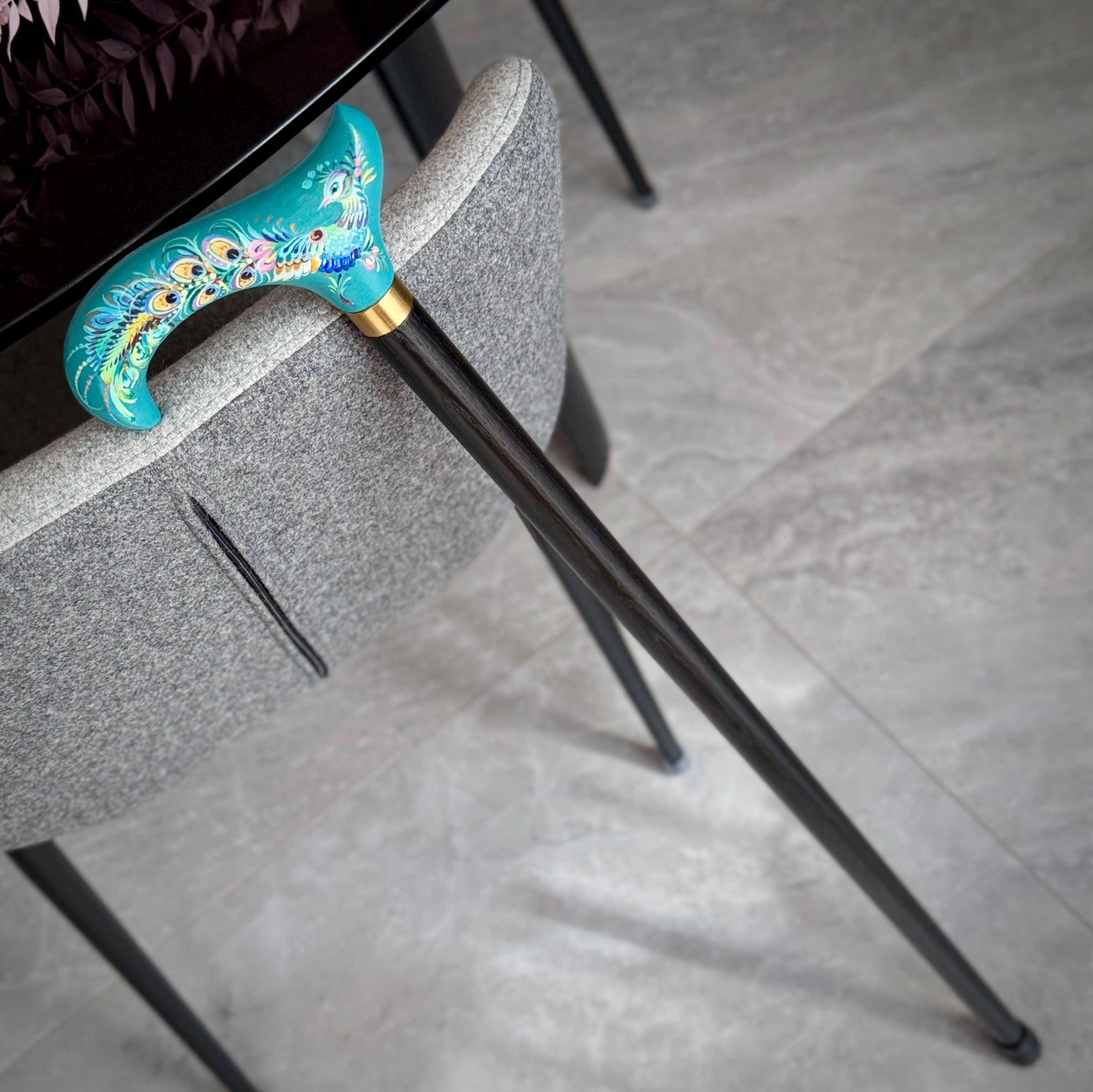 Classic Hand-painted walking stick - Peacock bird - wooden cane for Ladies with comfortable light derby handle - GCArtis - Classic Wooden Canes - Bronze, wood