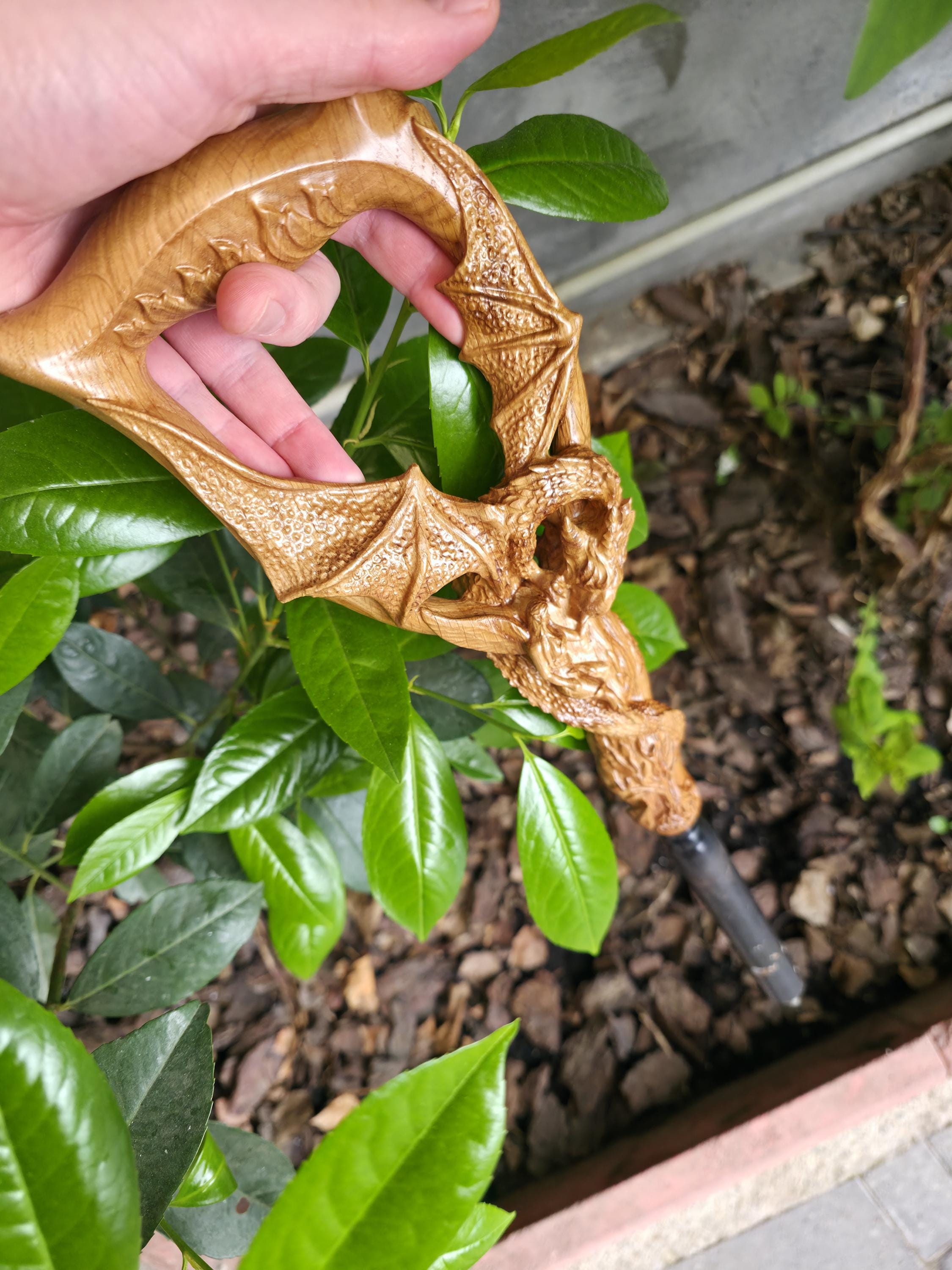 Celtic Style walking stick cane - Winged Dragon, Fairy the Tree of Life, Light Oak wood