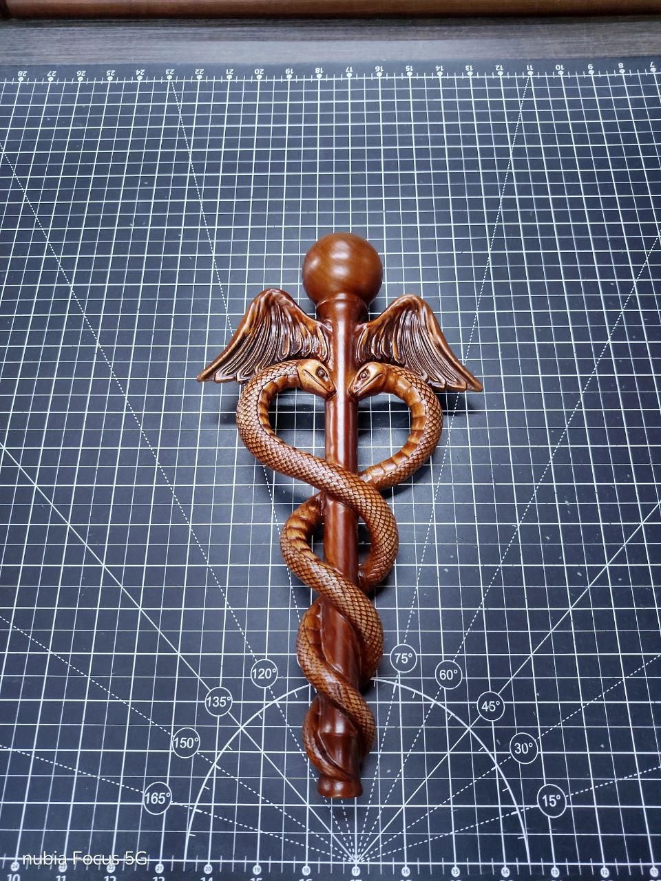 Hand Carved Caduceus Walking Stick: Ash Wood Knob Handle Cane - GCArtis - Walking Stick Staff - wood, wooden, solid wood, hard wood