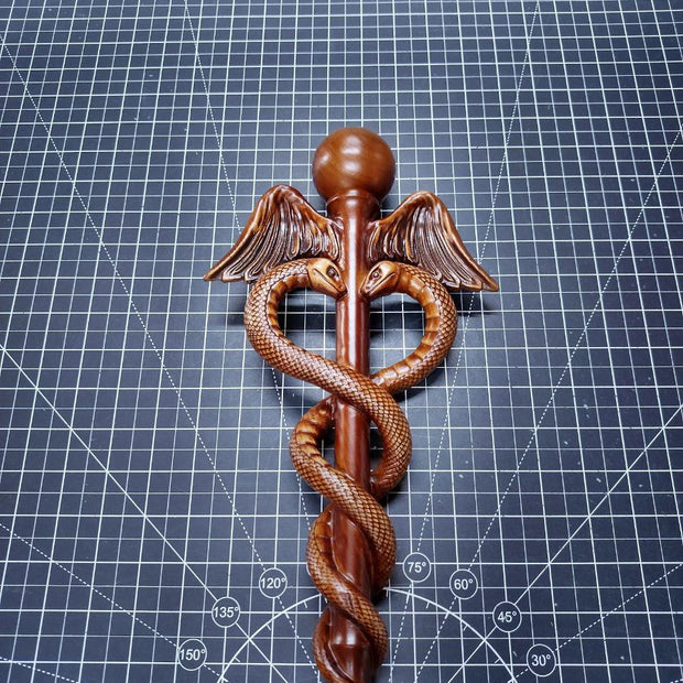 Hand Carved Caduceus Walking Stick: Ash Wood Knob Handle Cane - GCArtis - Walking Stick Staff - wood, wooden, solid wood, hard wood