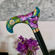Hand-Painted Floral Walking Cane: Purple Flowers, Marine Green Derby Handle - GCArtis - Classic Wooden Canes - Bronze, wood