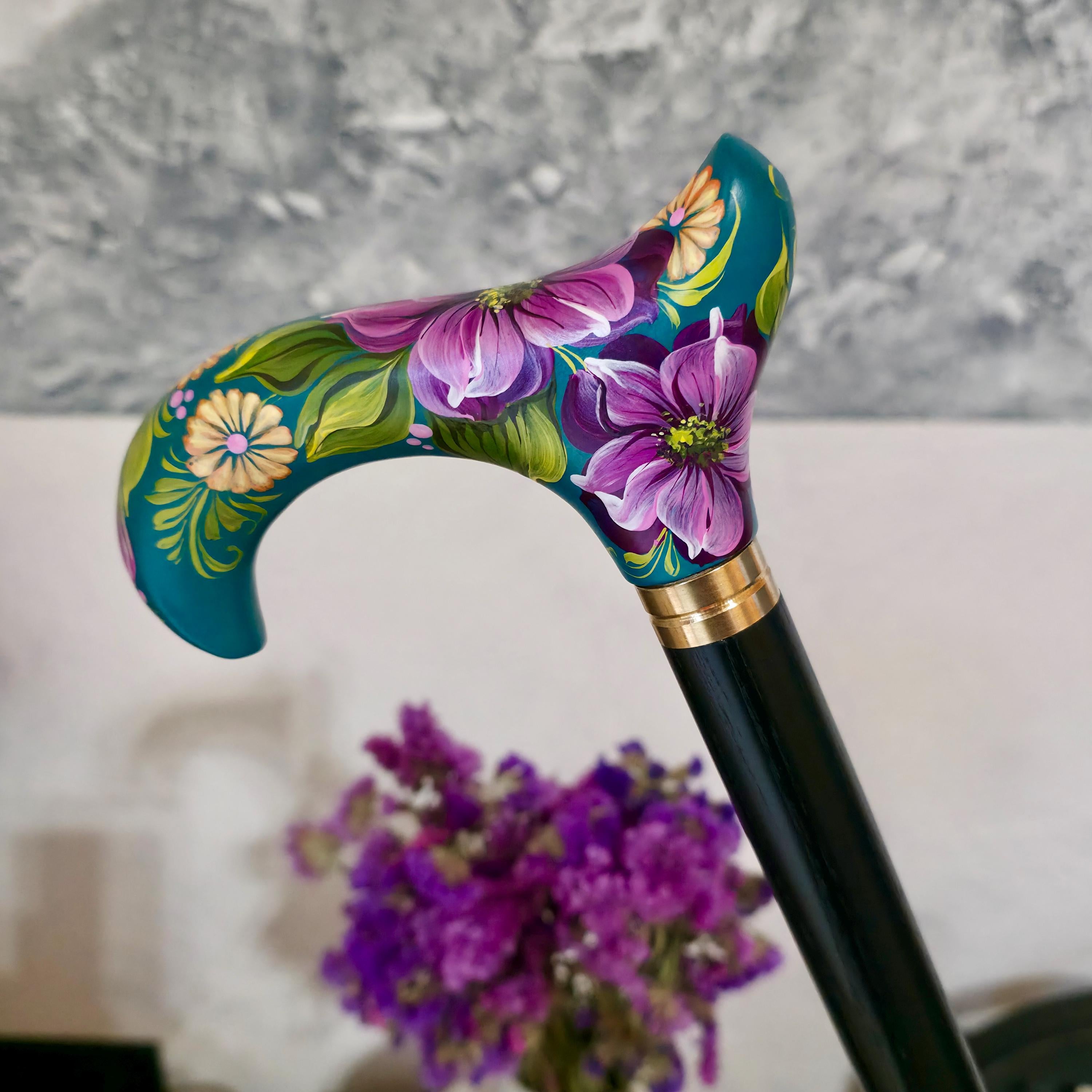 Hand-Painted Floral Walking Cane: Purple Flowers, Marine Green Derby Handle - GCArtis - Classic Wooden Canes - Bronze, wood