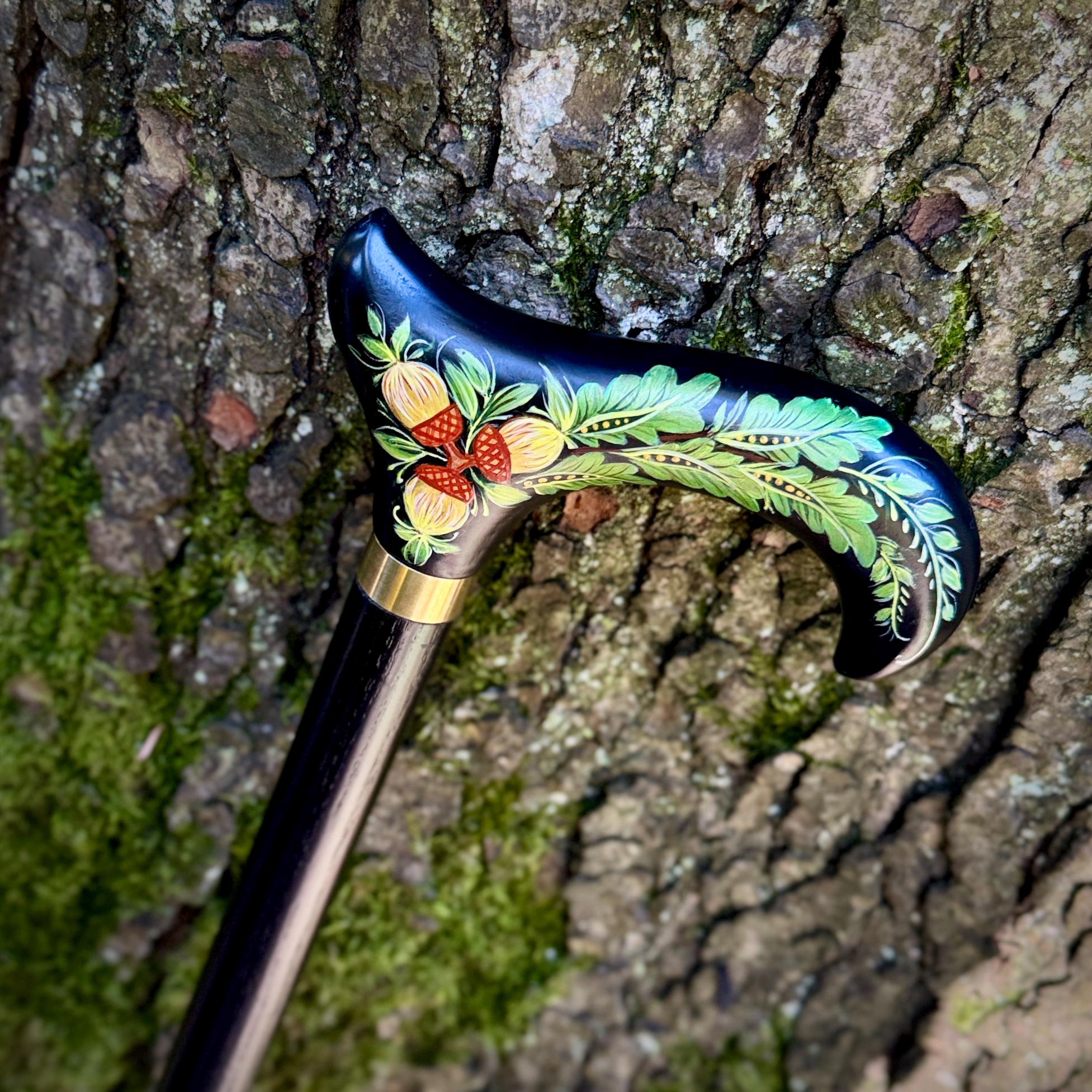 Hand Painted Walking Stick with Oak Acorns - Stylish black wooden Cane - GCArtis - Classic Wooden Canes - Bronze, wood