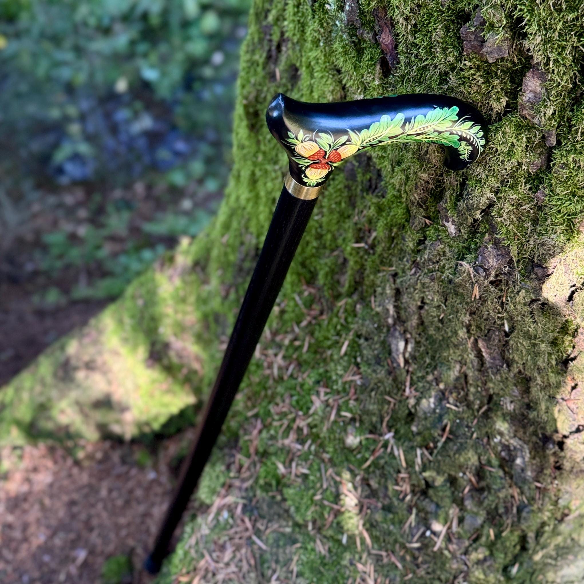 Hand Painted Walking Stick with Oak Acorns - Stylish black wooden Cane - GCArtis - Classic Wooden Canes - Bronze, wood