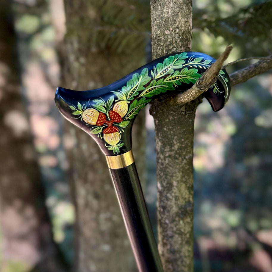 Hand Painted Walking Stick with Oak Acorns - Stylish black wooden Cane - GCArtis - Classic Wooden Canes - Bronze, wood