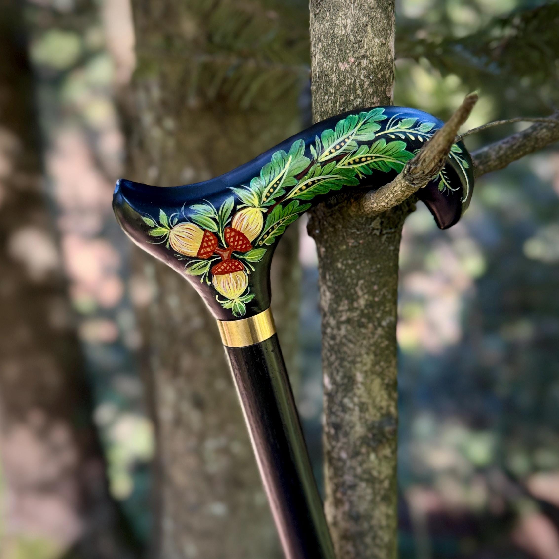 Hand Painted Walking Stick with Oak Acorns - Stylish black wooden Cane - GCArtis - Classic Wooden Canes - Bronze, wood