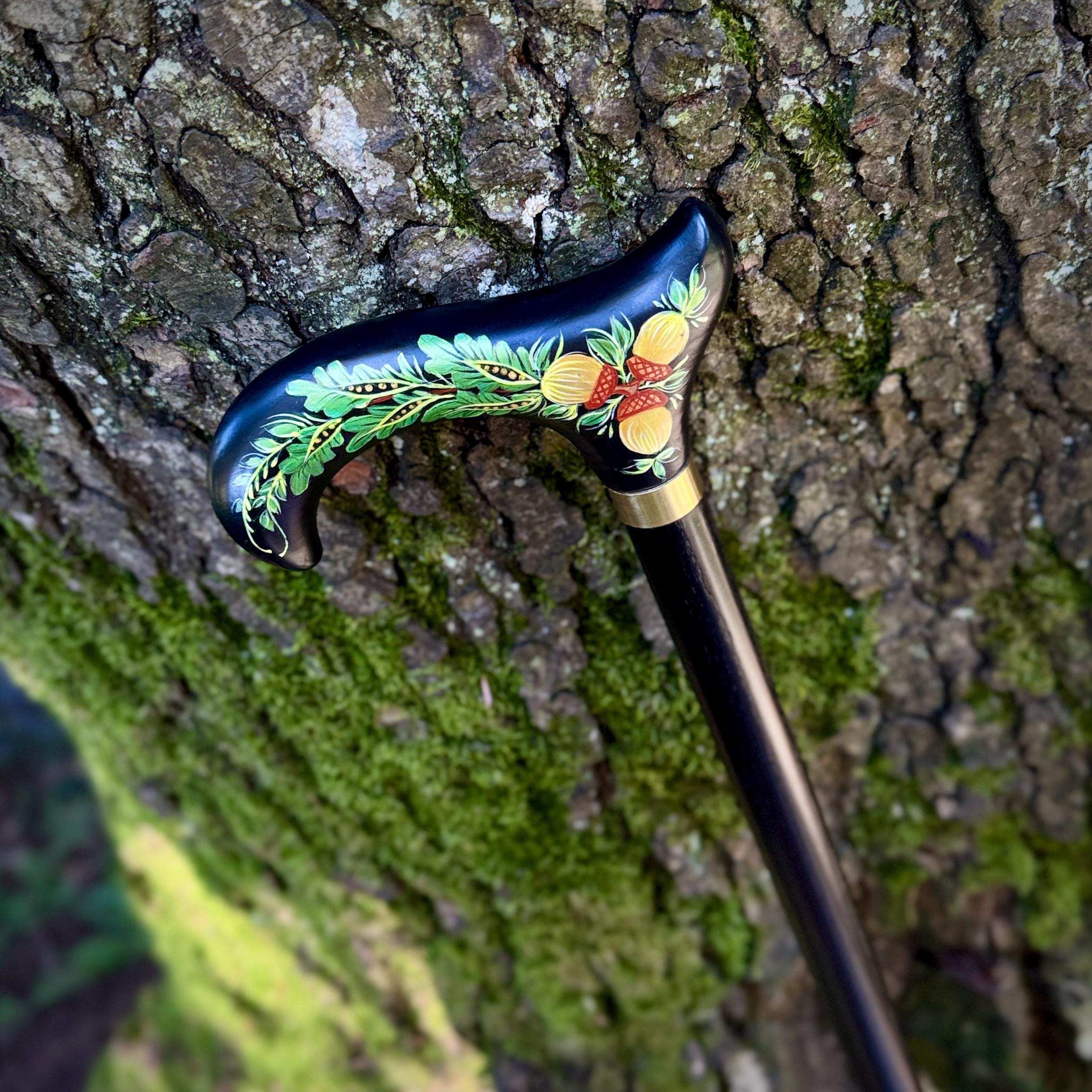Hand Painted Walking Stick with Oak Acorns - Stylish black wooden Cane - GCArtis - Classic Wooden Canes - Bronze, wood