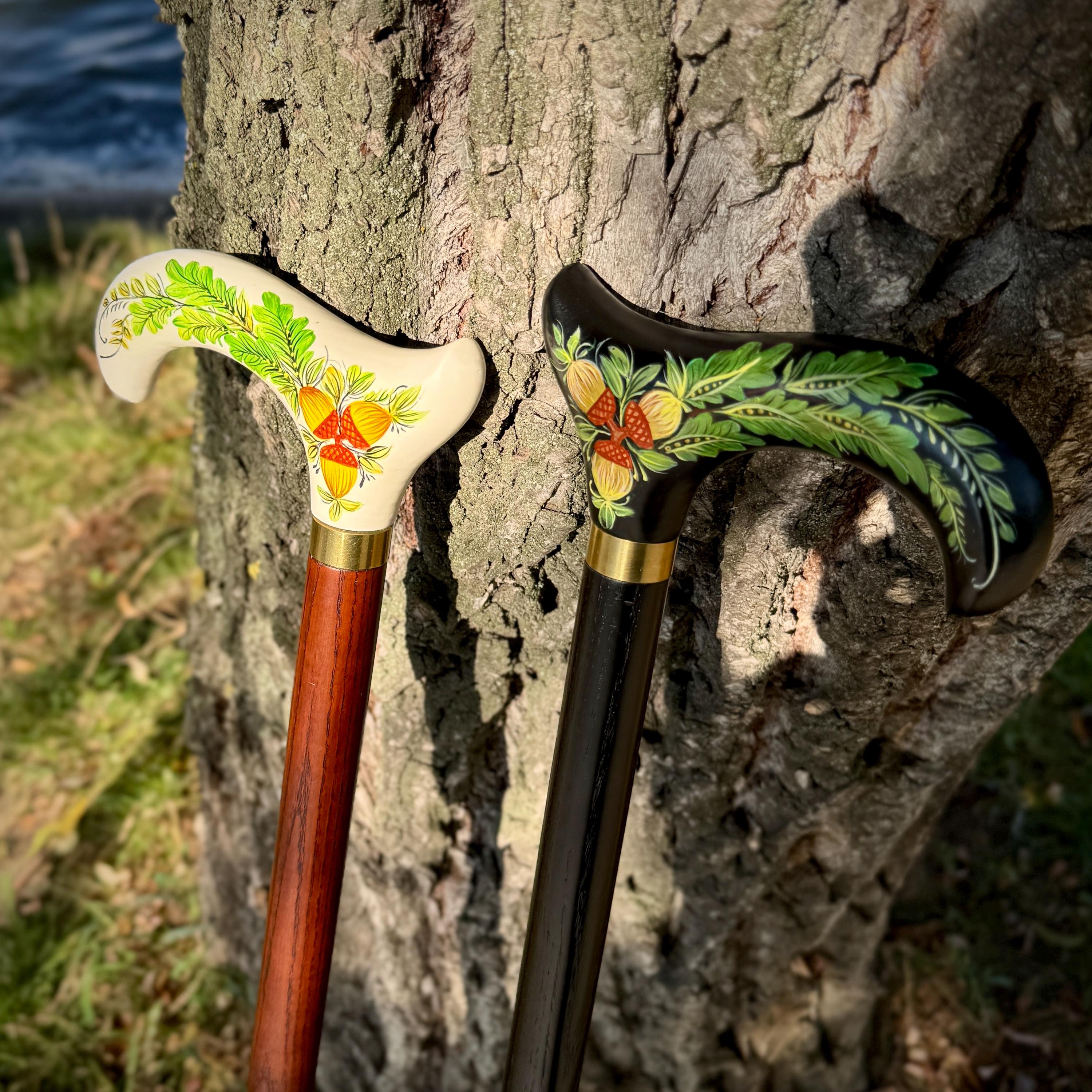 Hand Painted Walking Stick with Oak Acorns - Stylish black wooden Cane - GCArtis - Classic Wooden Canes - Bronze, wood