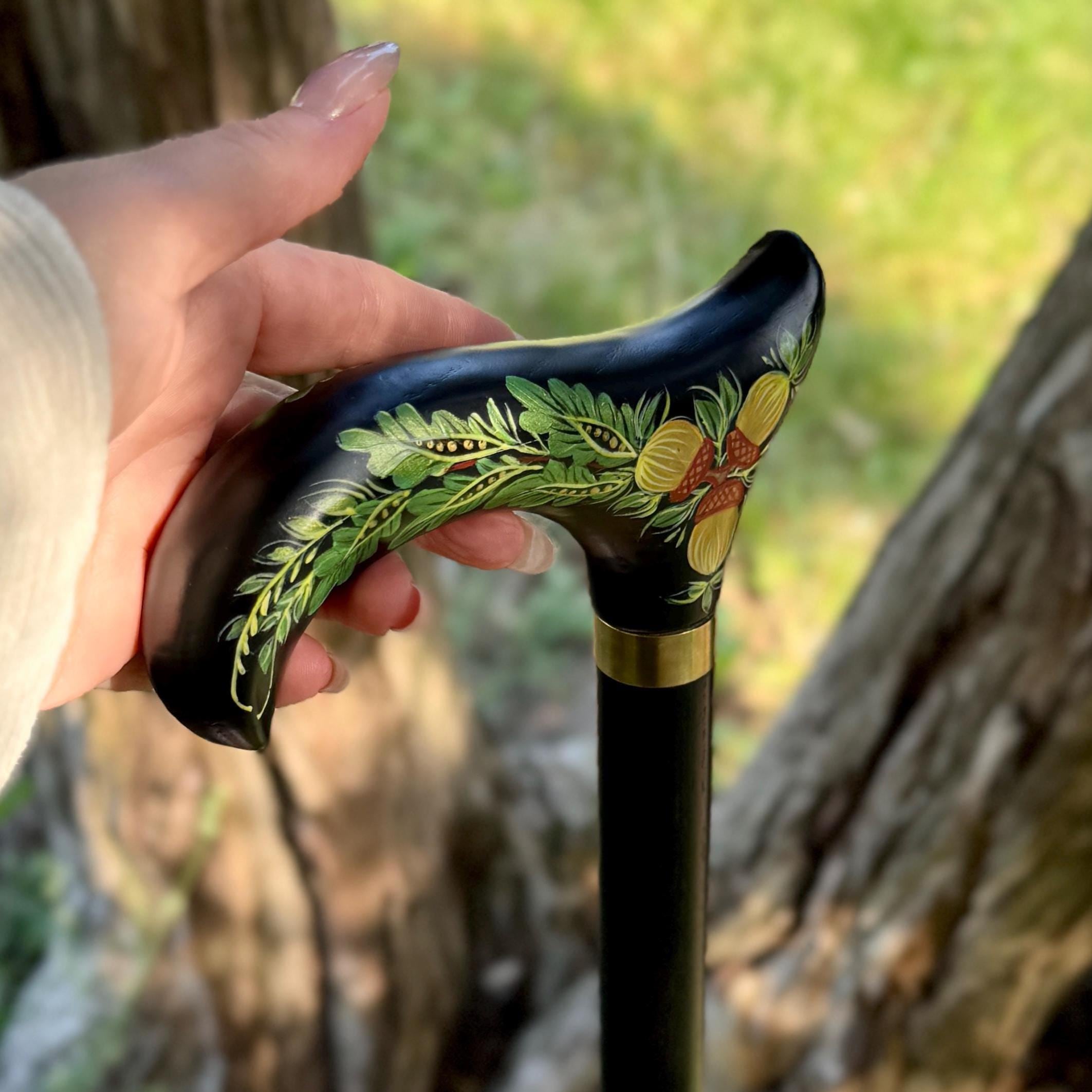 Hand Painted Walking Stick with Oak Acorns - Stylish black wooden Cane - GCArtis - Classic Wooden Canes - Bronze, wood