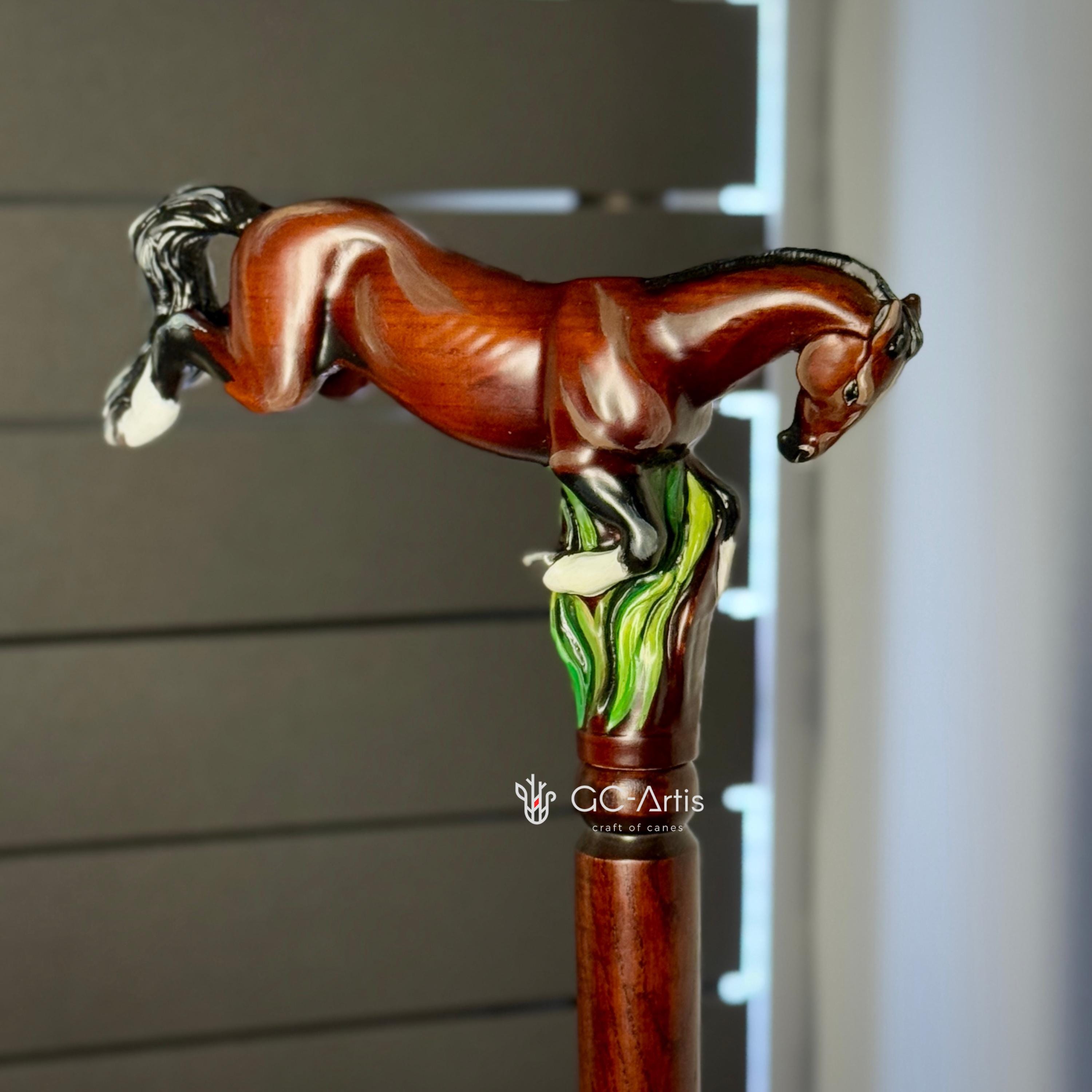 Hand-Painted Galloping Horse Wooden Walking Cane - Artistic Design - GCArtis - Luxe Hand Painted Canes - Wood, metal, rubber, colorful paint, curved wood