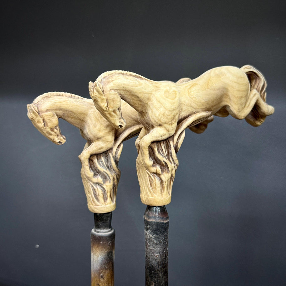 Galloping Champagne Dapple Gray Horse - Wooden Walking Cane Hand-Painted - GCArtis - Lux Hand Painted Canes - 