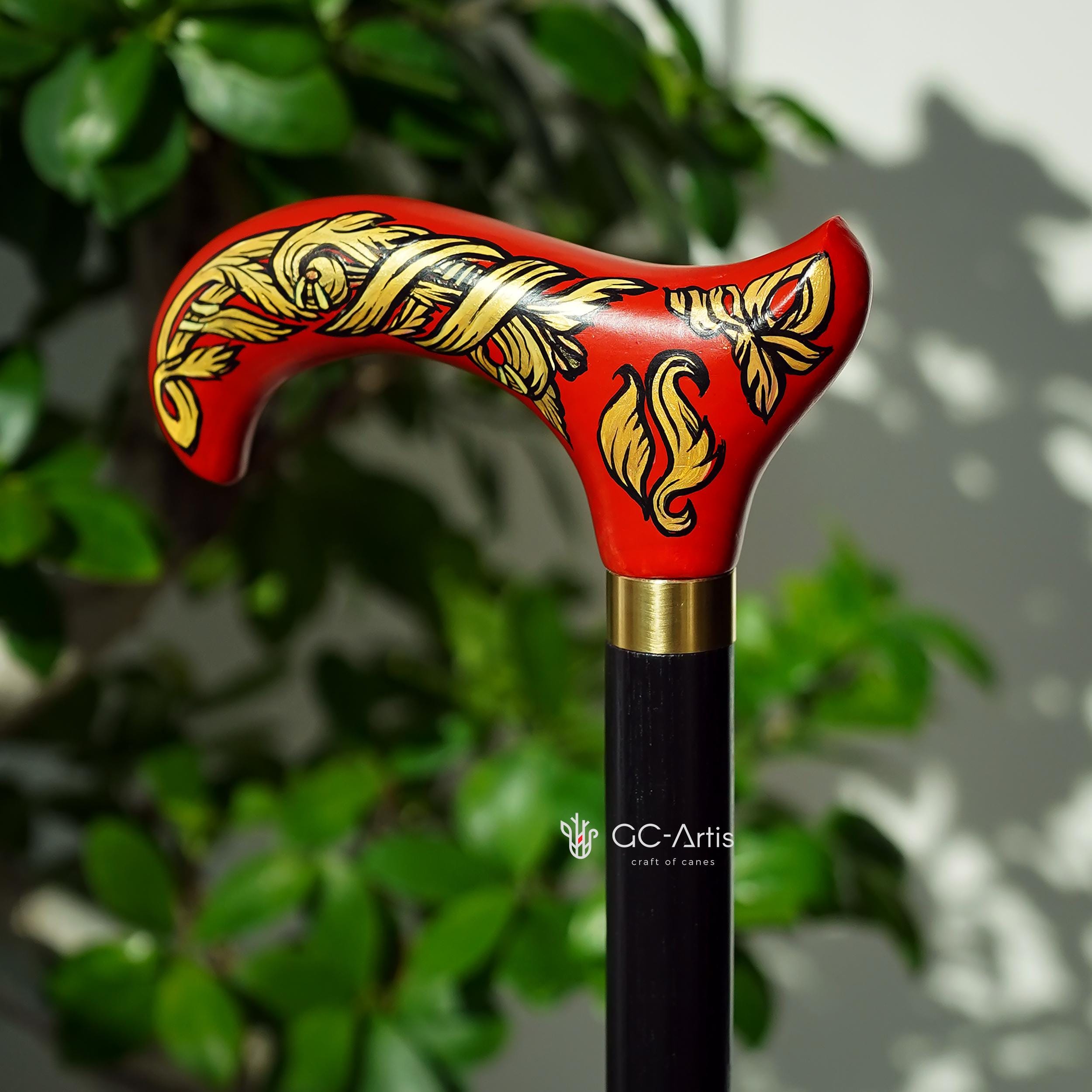 Celtic Walking Stick – Red Fire Hand Painted Wooden Cane, Brass decor, Derby Handle – 36