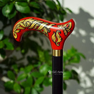 Celtic Walking Stick – Red Fire Hand Painted Wooden Cane, Brass decor, Derby Handle – 36