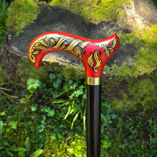 Celtic Walking Stick – Red Fire Hand Painted Wooden Cane, Brass decor, Derby Handle – 36" - GCArtis - Classic Wooden Canes - Bronze, wood