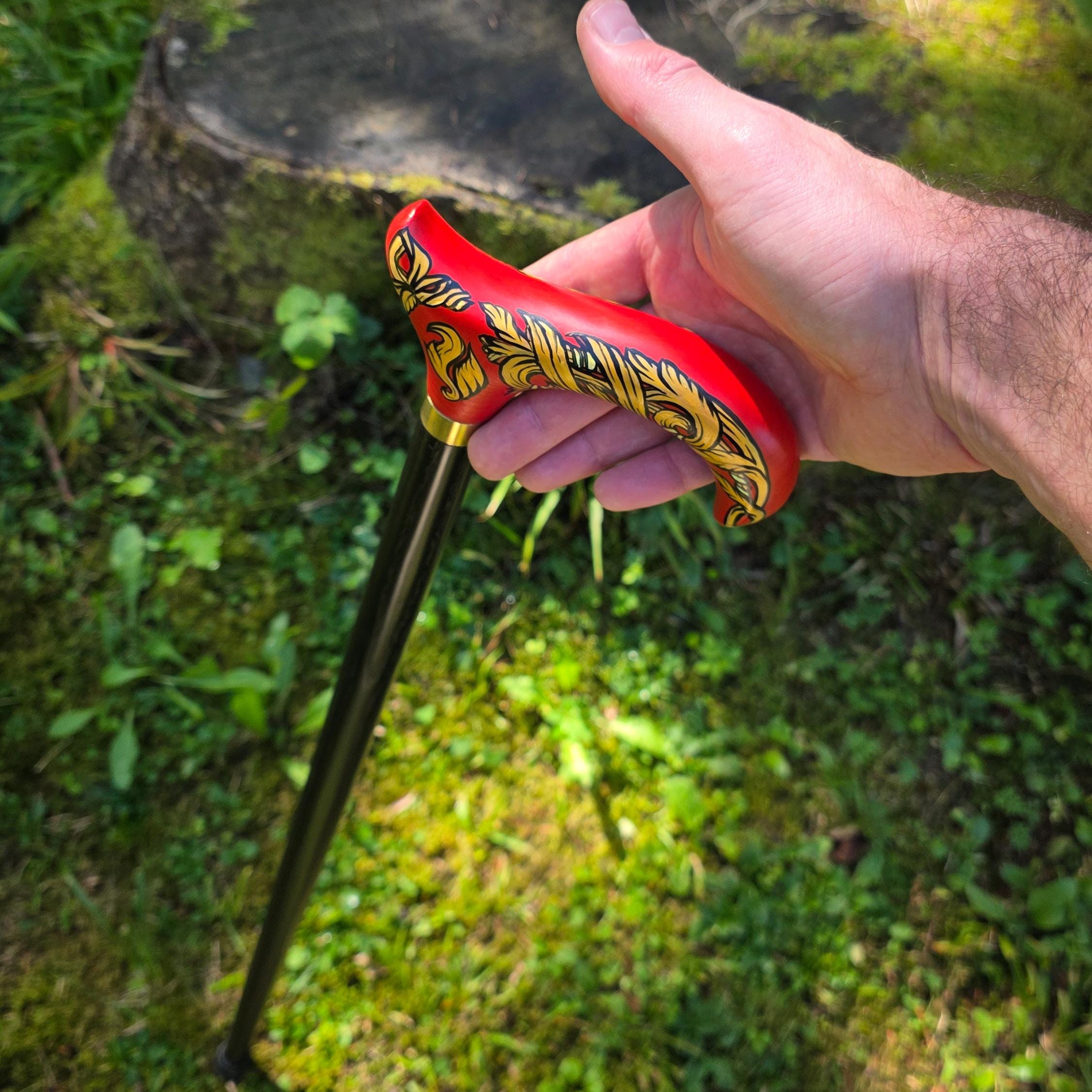 Celtic Walking Stick – Red Fire Hand Painted Wooden Cane, Brass decor, Derby Handle – 36