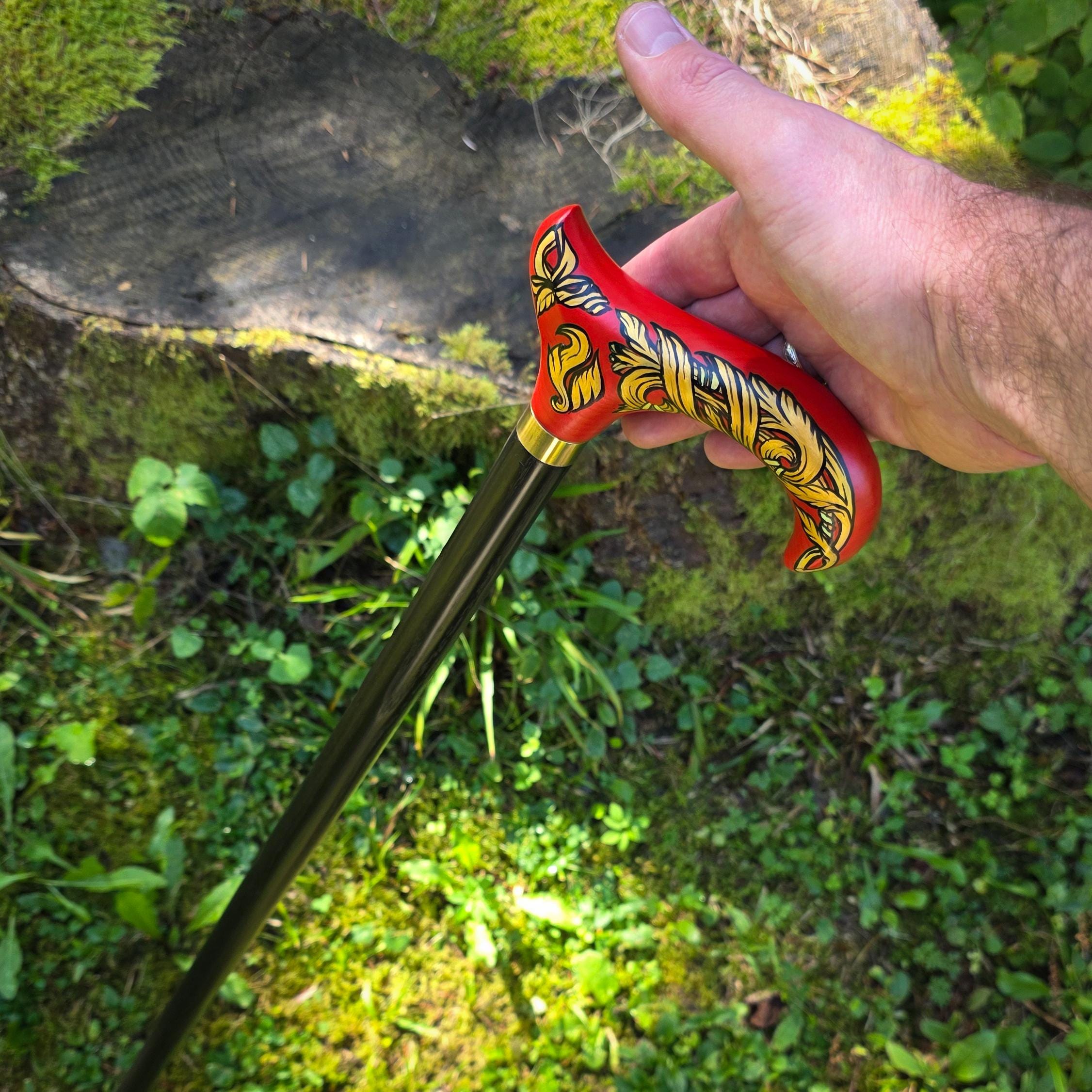 Celtic Walking Stick – Red Fire Hand Painted Wooden Cane, Brass decor, Derby Handle – 36