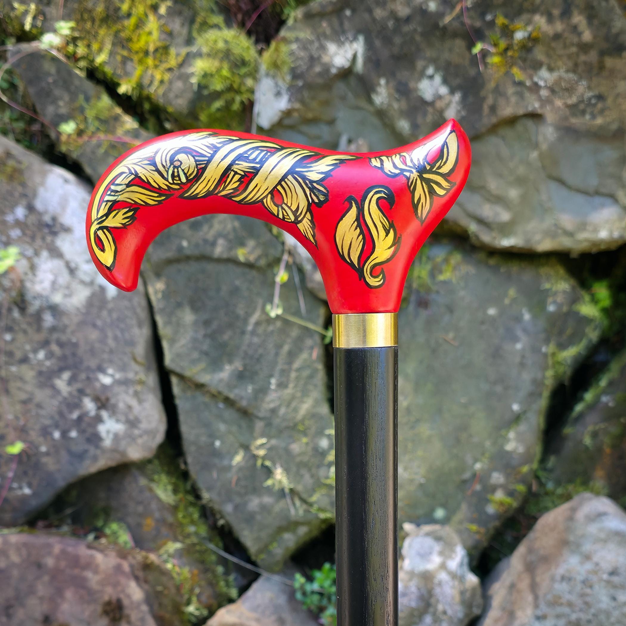 Celtic Walking Stick – Red Fire Hand Painted Wooden Cane, Brass decor, Derby Handle – 36
