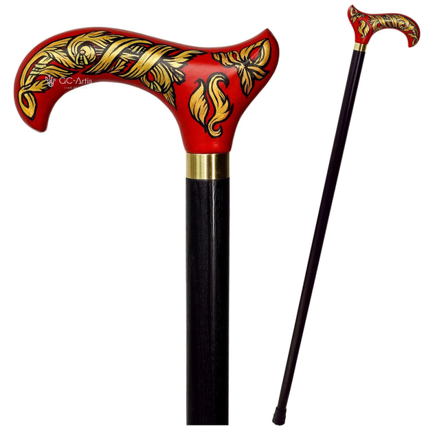 Celtic Walking Stick – Red Fire Hand Painted Wooden Cane, Brass decor, Derby Handle – 36" - GCArtis - Classic Wooden Canes - Bronze, wood