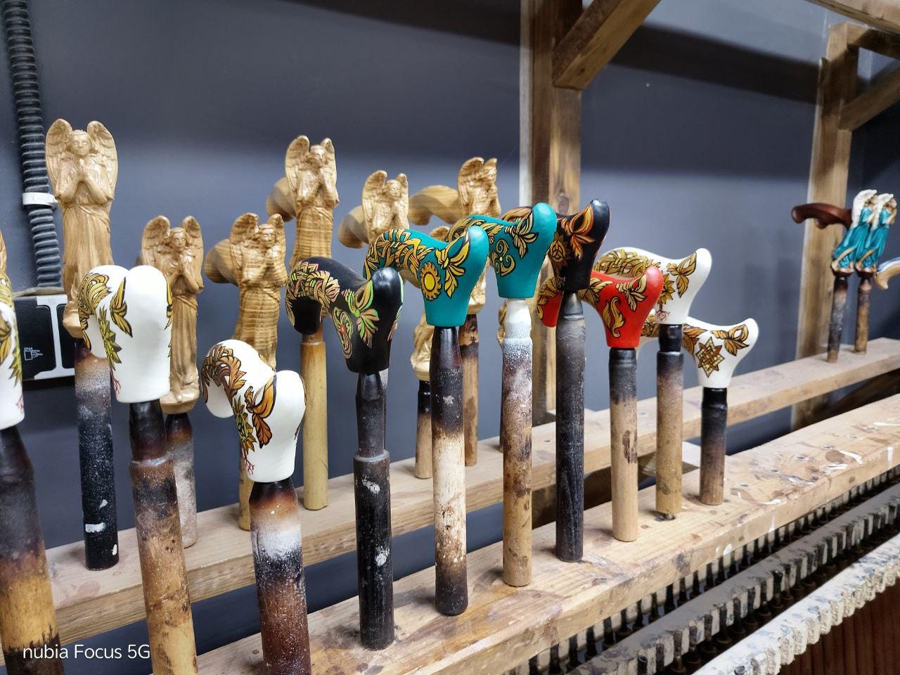 Celtic Walking Stick – Red Fire Hand Painted Wooden Cane, Brass decor, Derby Handle – 36