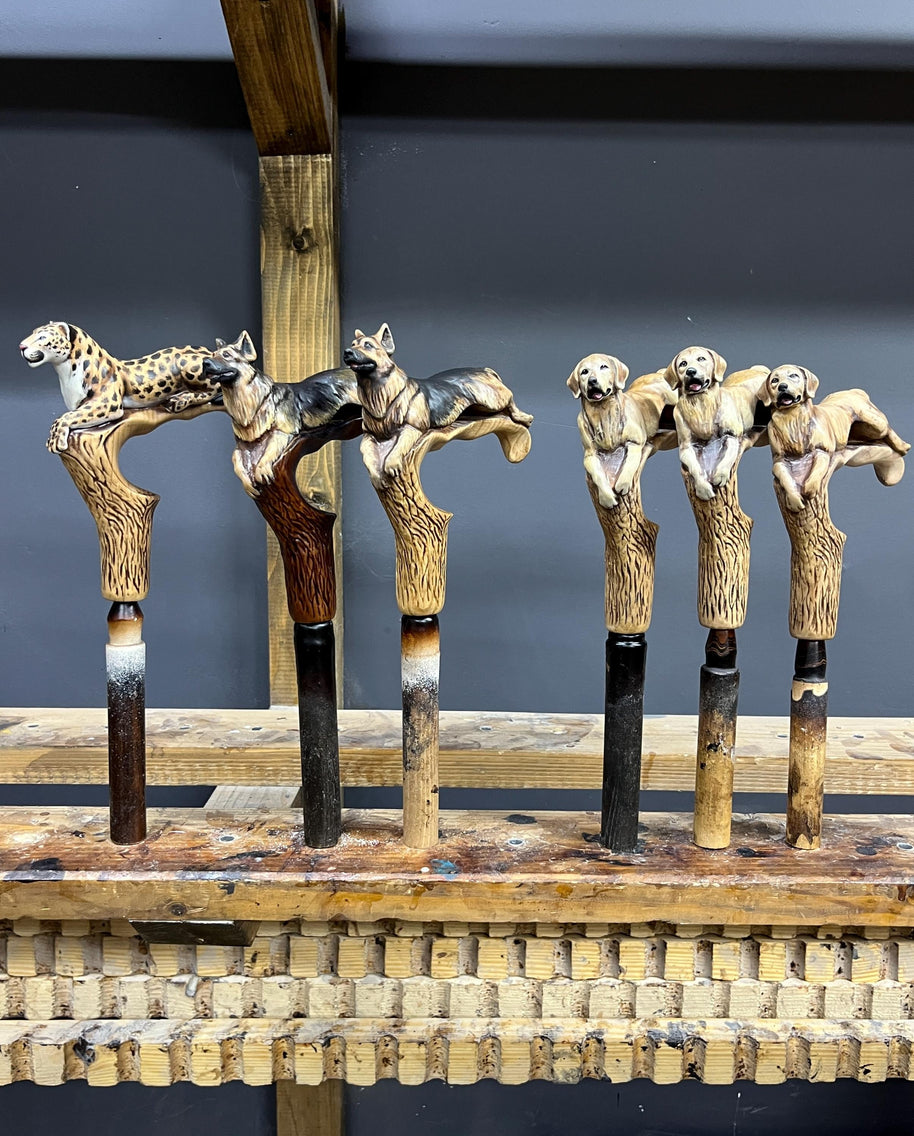Black Labrador retriever walking canes - Light Walking Stick - wood carved present for dog lovers - GCArtis - Luxe Hand Painted Canes - Wood, wooden, brass, bronze, metal