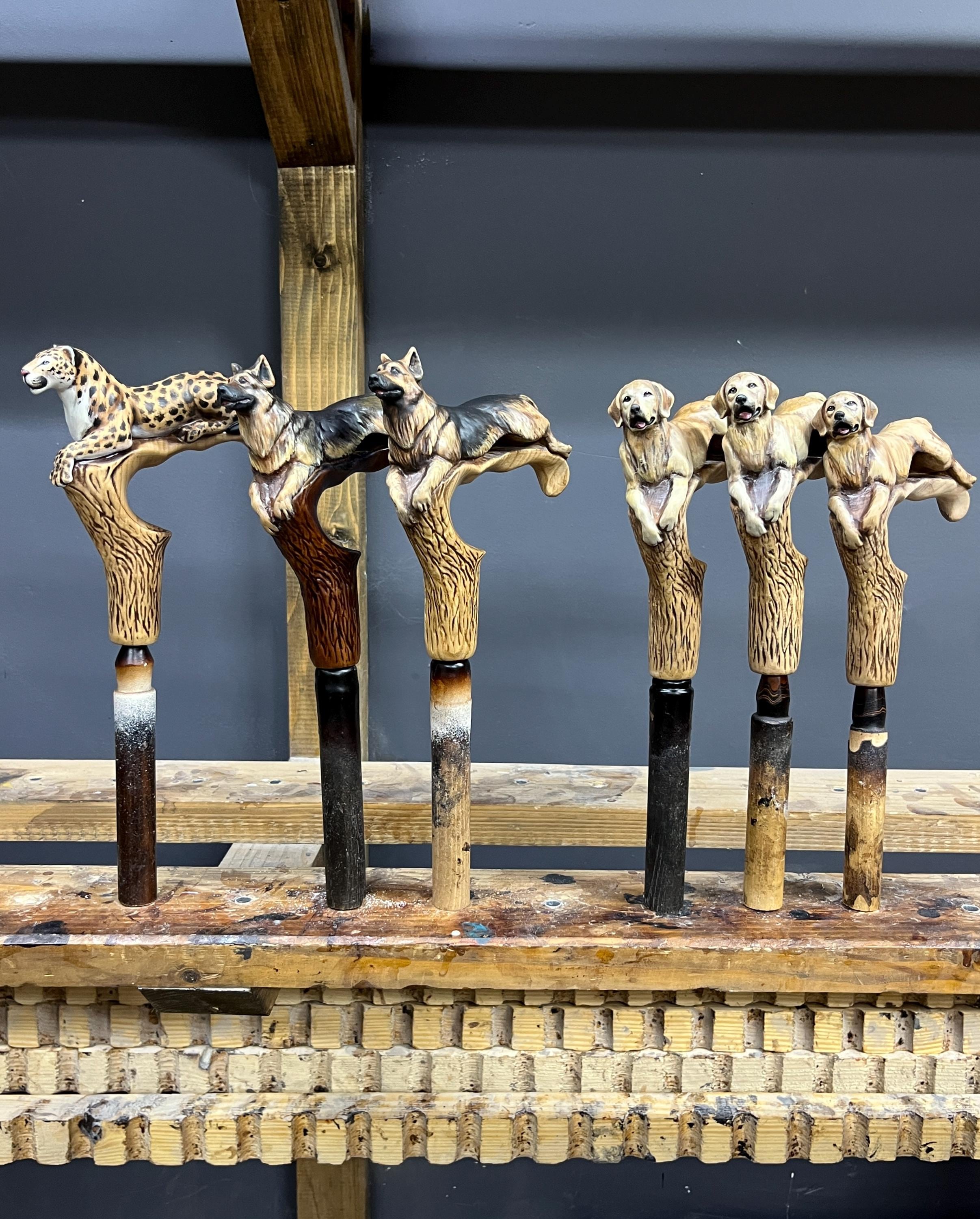 Black Labrador retriever walking canes - Light Walking Stick - wood carved present for dog lovers - GCArtis - Luxe Hand Painted Canes - Wood, wooden, brass, bronze, metal