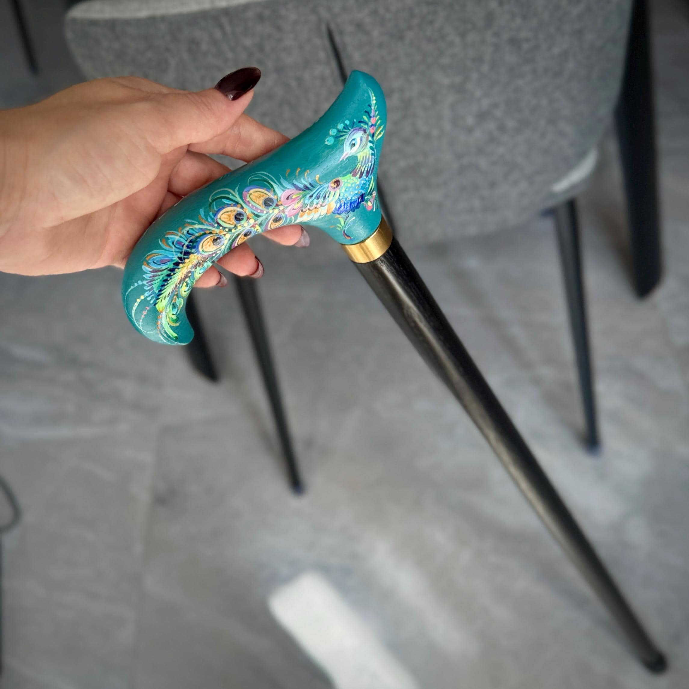 Classic Hand-painted walking stick - Peacock bird - wooden cane for Ladies with comfortable light derby handle - GCArtis - Classic Wooden Canes - Bronze, wood