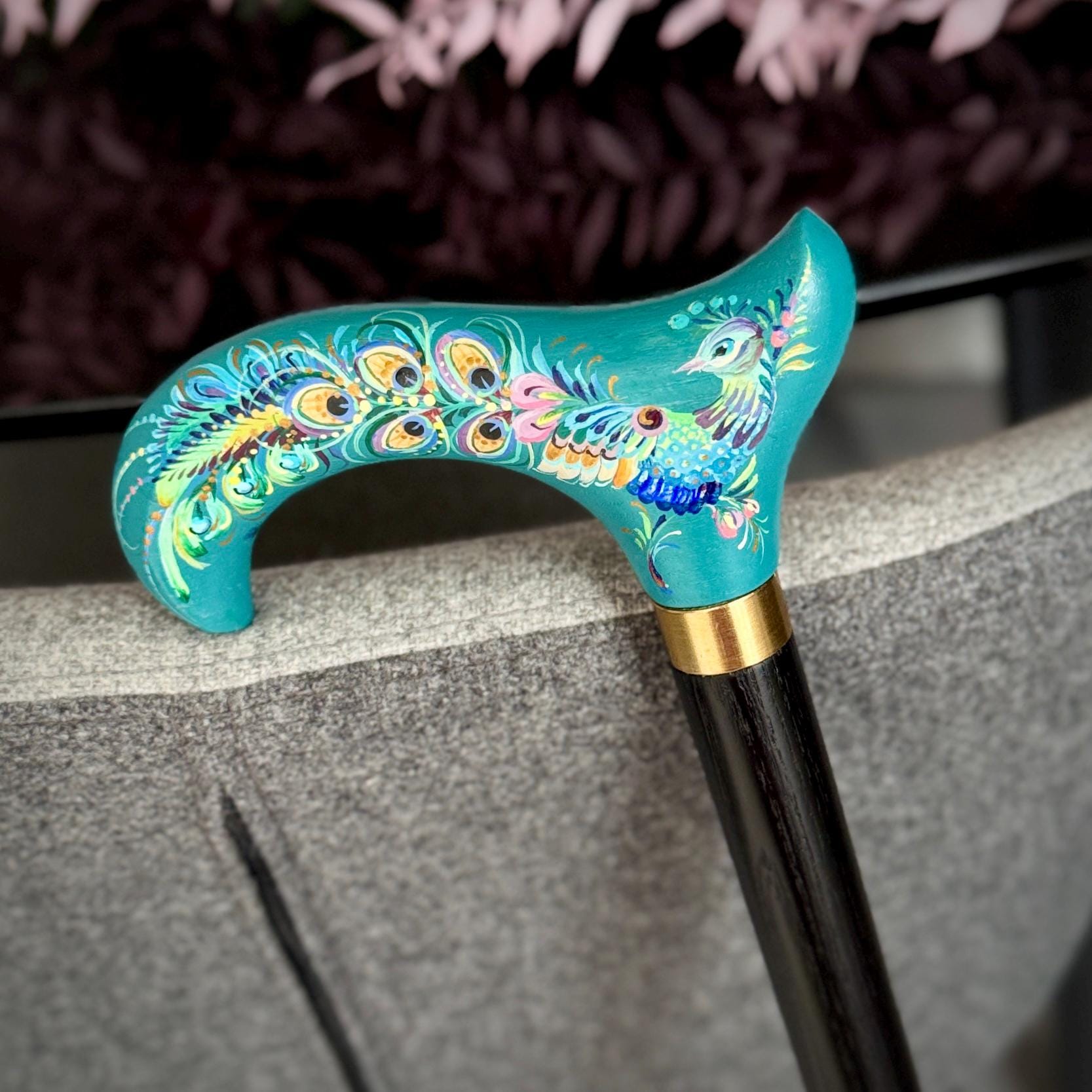 Classic Hand-painted walking stick - Peacock bird - wooden cane for Ladies with comfortable light derby handle - GCArtis - Classic Wooden Canes - Bronze, wood