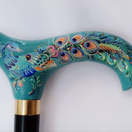 Classic Hand-painted walking stick - Peacock bird - wooden cane for Ladies with comfortable light derby handle - GCArtis - Classic Wooden Canes - Bronze, wood