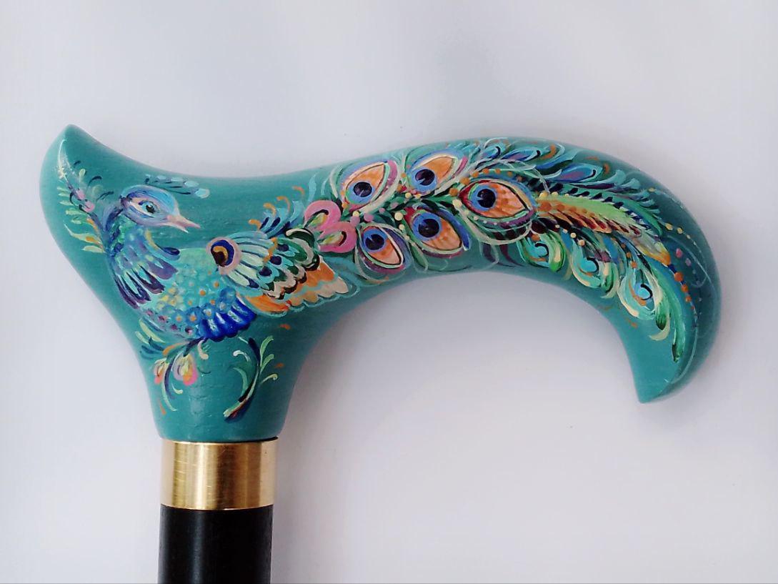 Classic Hand-painted walking stick - Peacock bird - wooden cane for Ladies with comfortable light derby handle - GCArtis - Classic Wooden Canes - Bronze, wood