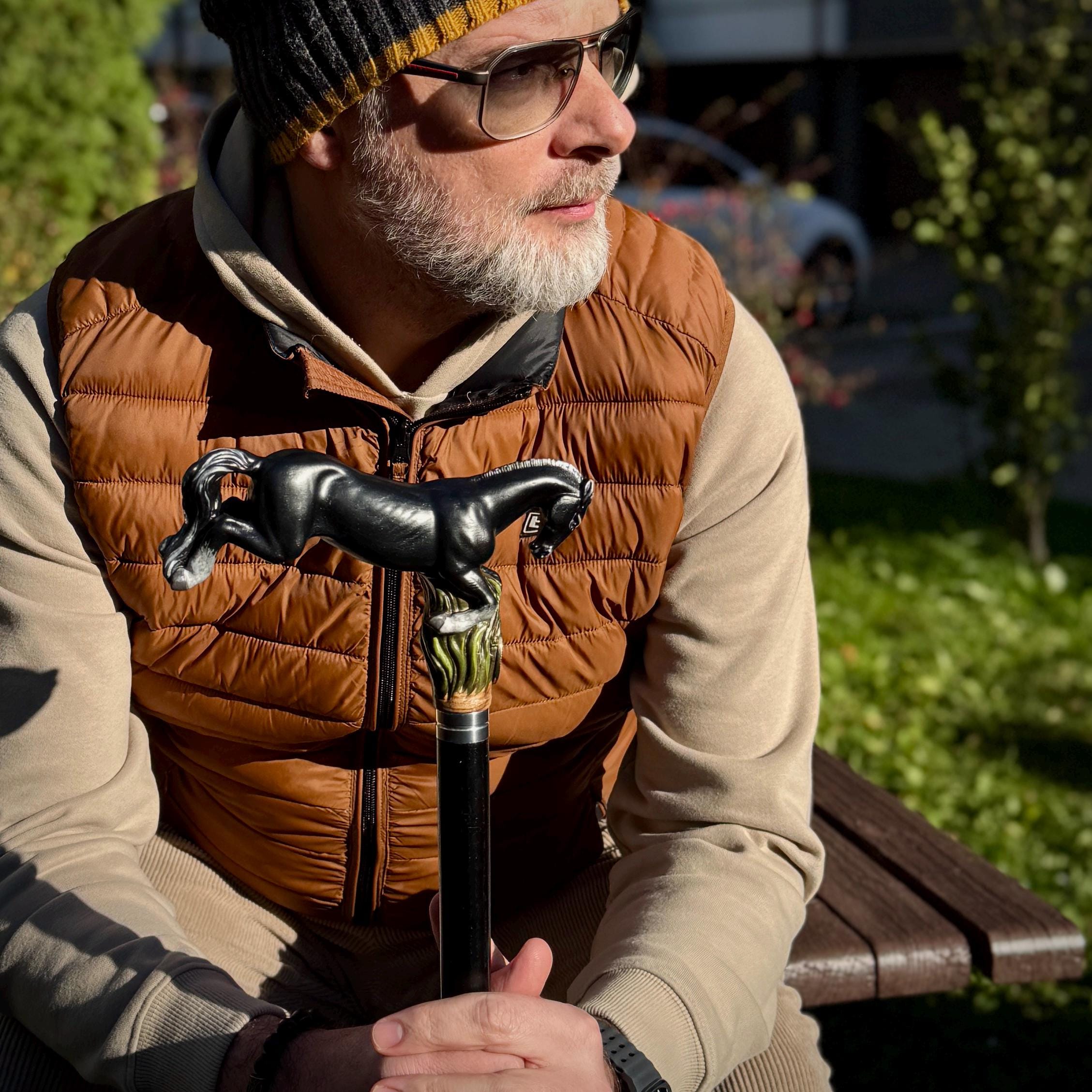 Hand Carved Horse Walking Cane – Black Painted Ash Wood Hiking Stick - GCArtis - Luxe Hand Painted Canes - wood, wooden, solid wood, hard wood, metal