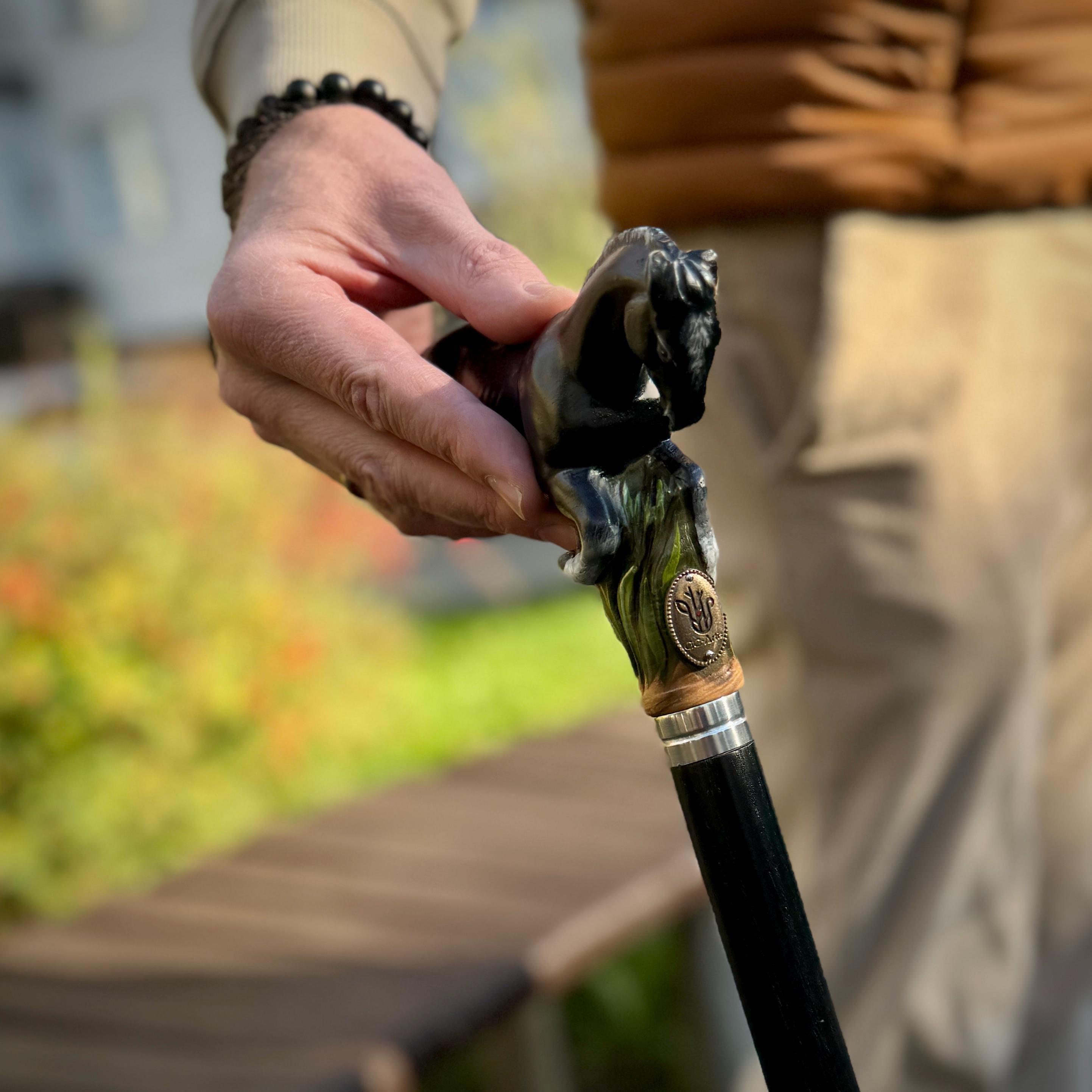 Hand Carved Horse Walking Cane – Black Painted Ash Wood Hiking Stick - GCArtis - Luxe Hand Painted Canes - wood, wooden, solid wood, hard wood, metal