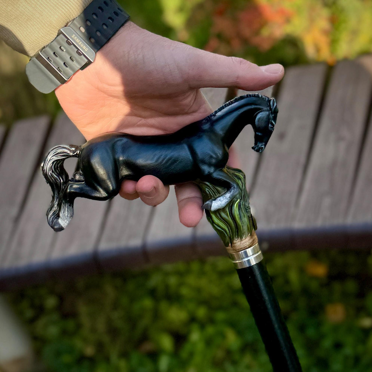 Hand Carved Horse Walking Cane – Black Painted Ash Wood Hiking Stick - GCArtis - Luxe Hand Painted Canes - wood, wooden, solid wood, hard wood, metal