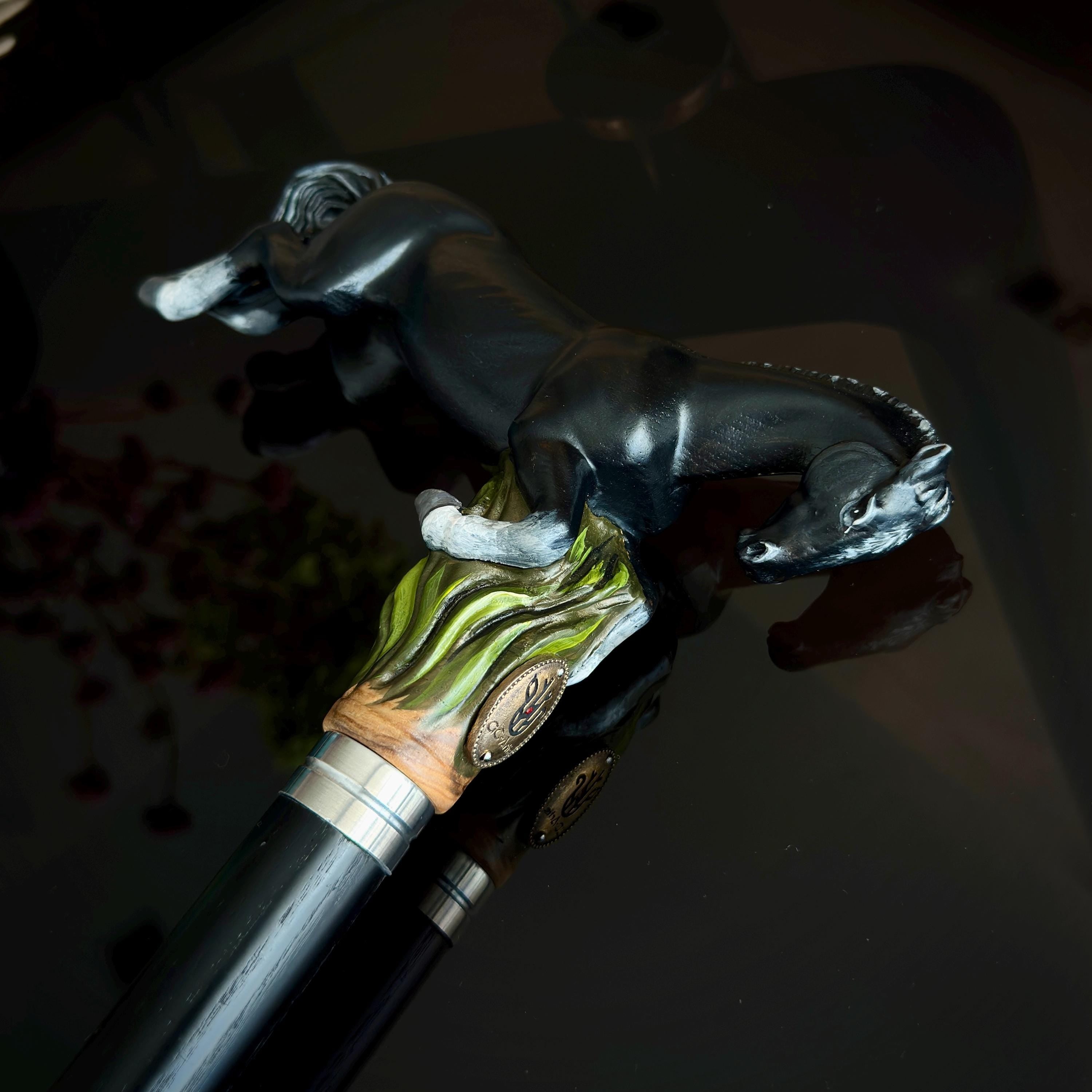 Hand Carved Horse Walking Cane – Black Painted Ash Wood Hiking Stick - GCArtis - Luxe Hand Painted Canes - wood, wooden, solid wood, hard wood, metal