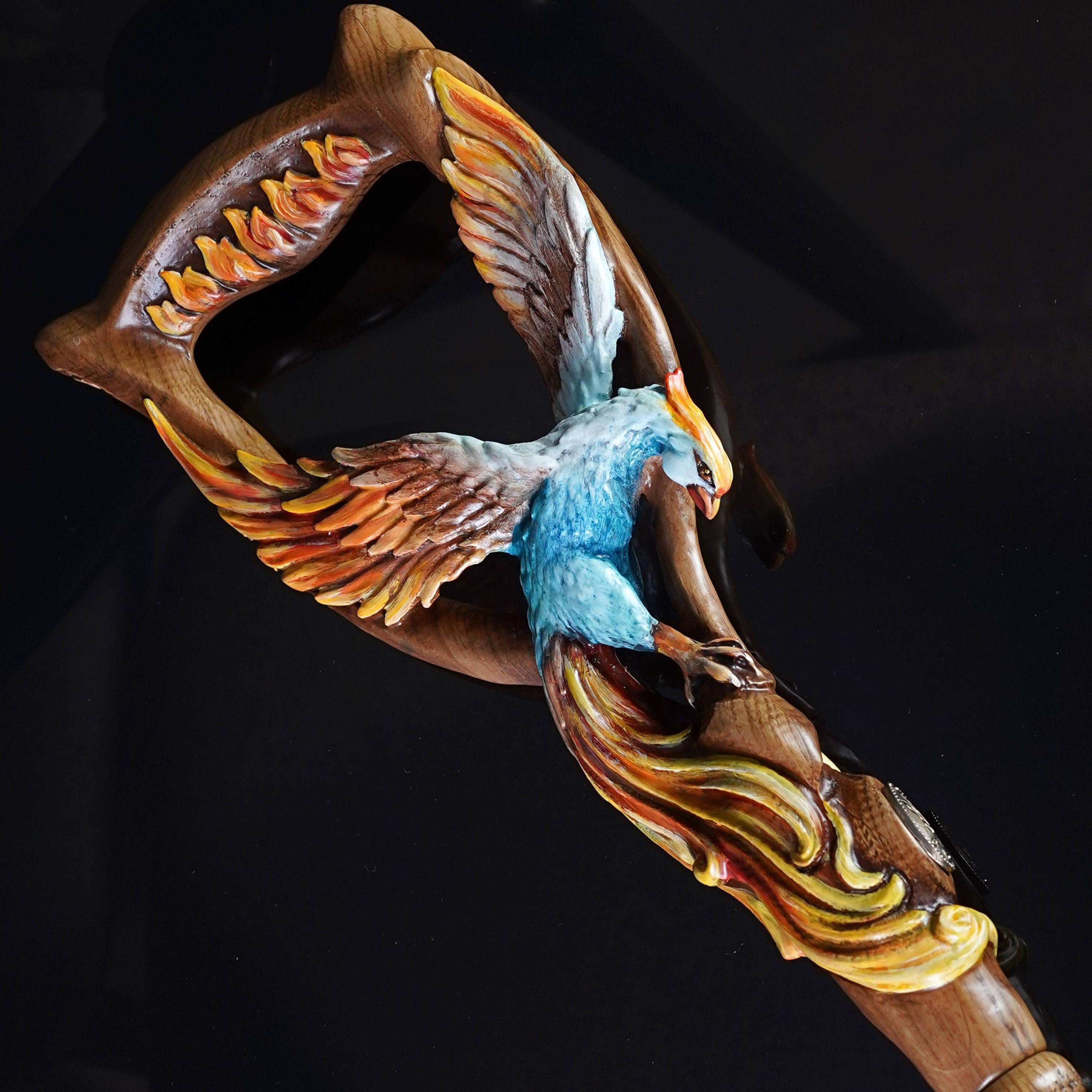 Fiery Phoenix bird Walking stick cane - Handcarved & handpainted Wooden staff in fantasy style - GCArtis - Luxe Hand Painted Canes - wood, Glass Crystalls, Metal