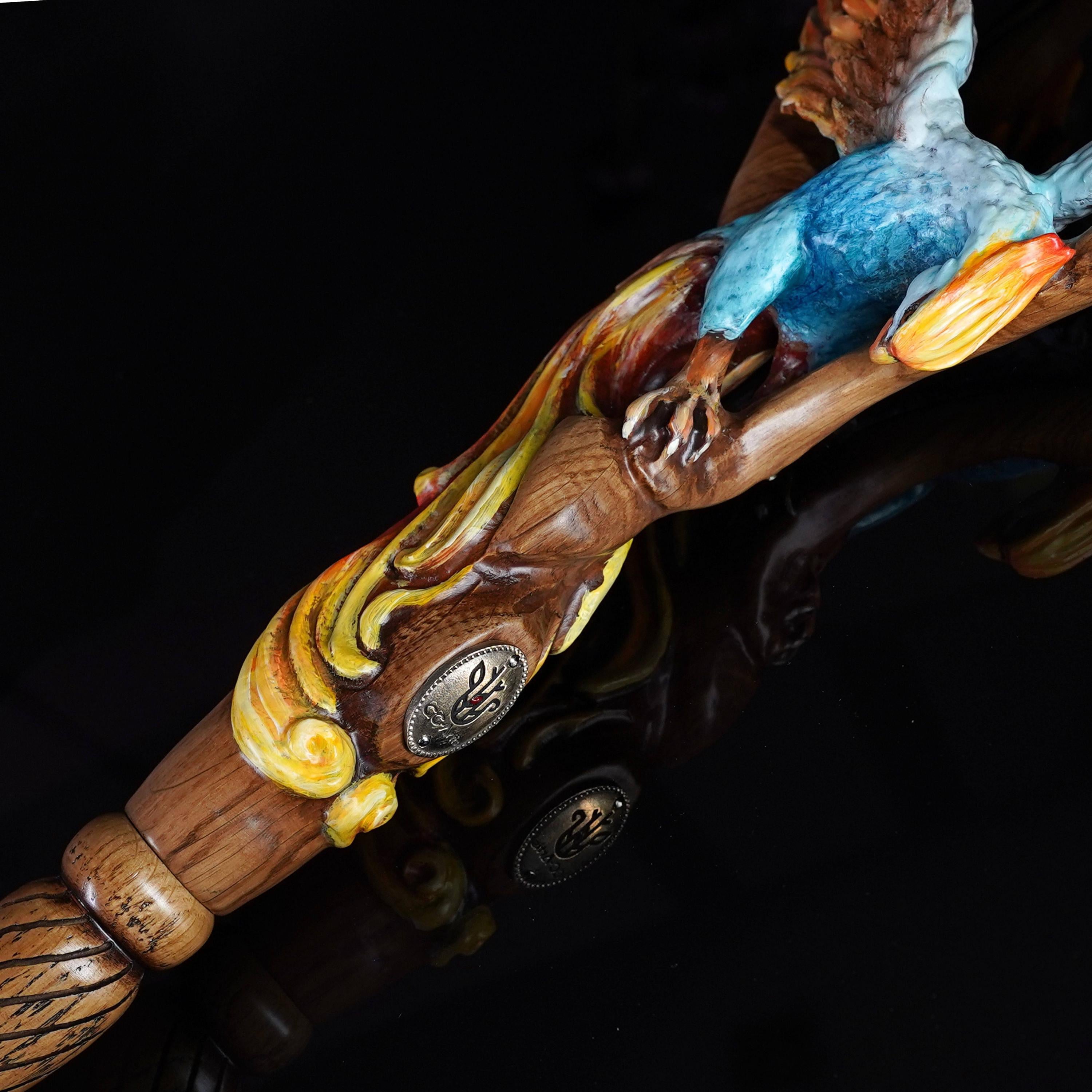 Fiery Phoenix bird Walking stick cane - Handcarved & handpainted Wooden staff in fantasy style - GCArtis - Luxe Hand Painted Canes - wood, Glass Crystalls, Metal