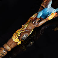 Fiery Phoenix bird Walking stick cane - Handcarved & handpainted Wooden staff in fantasy style - GCArtis - Luxe Hand Painted Canes - wood, Glass Crystalls, Metal
