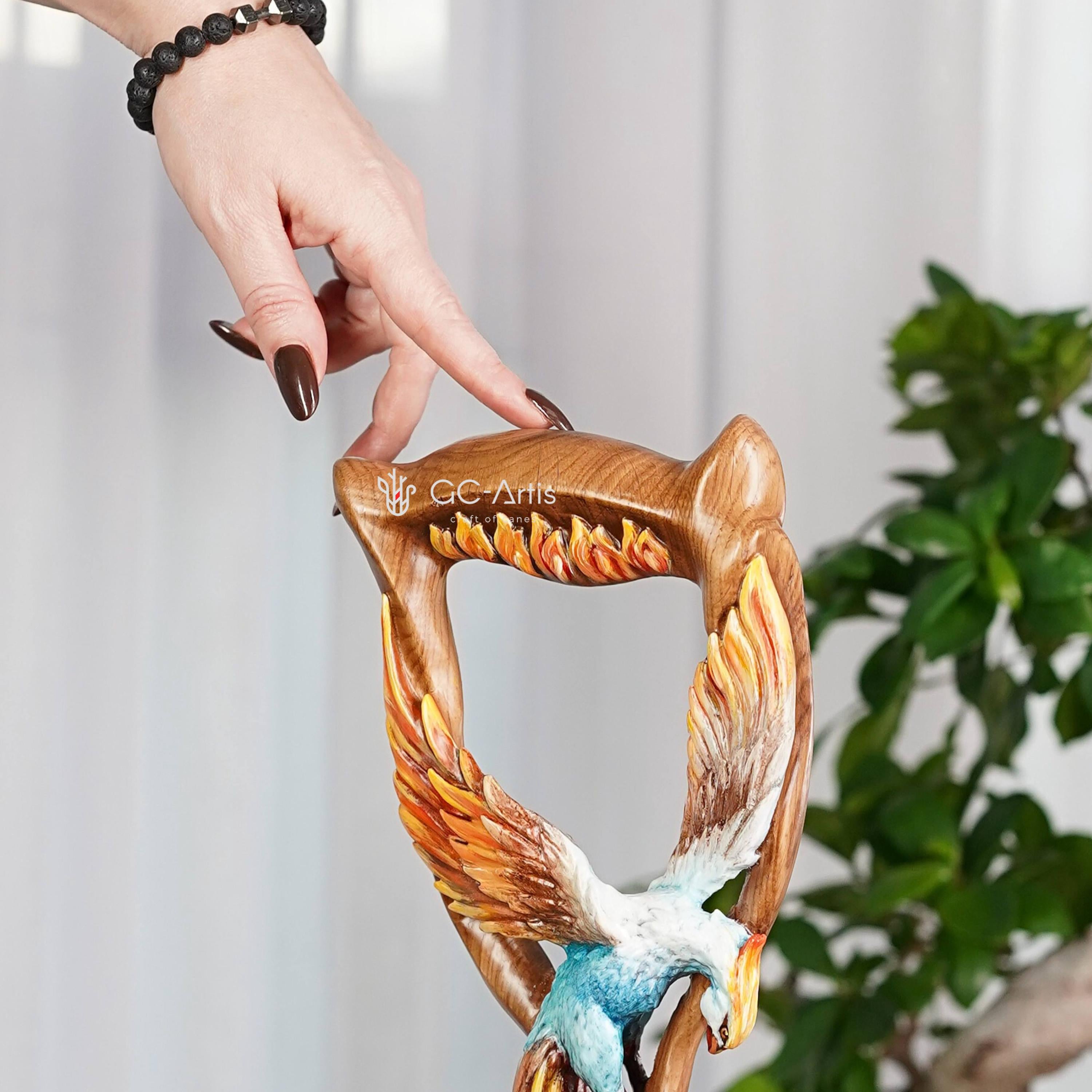 Fiery Phoenix bird Walking stick cane - Handcarved & handpainted Wooden staff in fantasy style - GCArtis - Luxe Hand Painted Canes - wood, Glass Crystalls, Metal