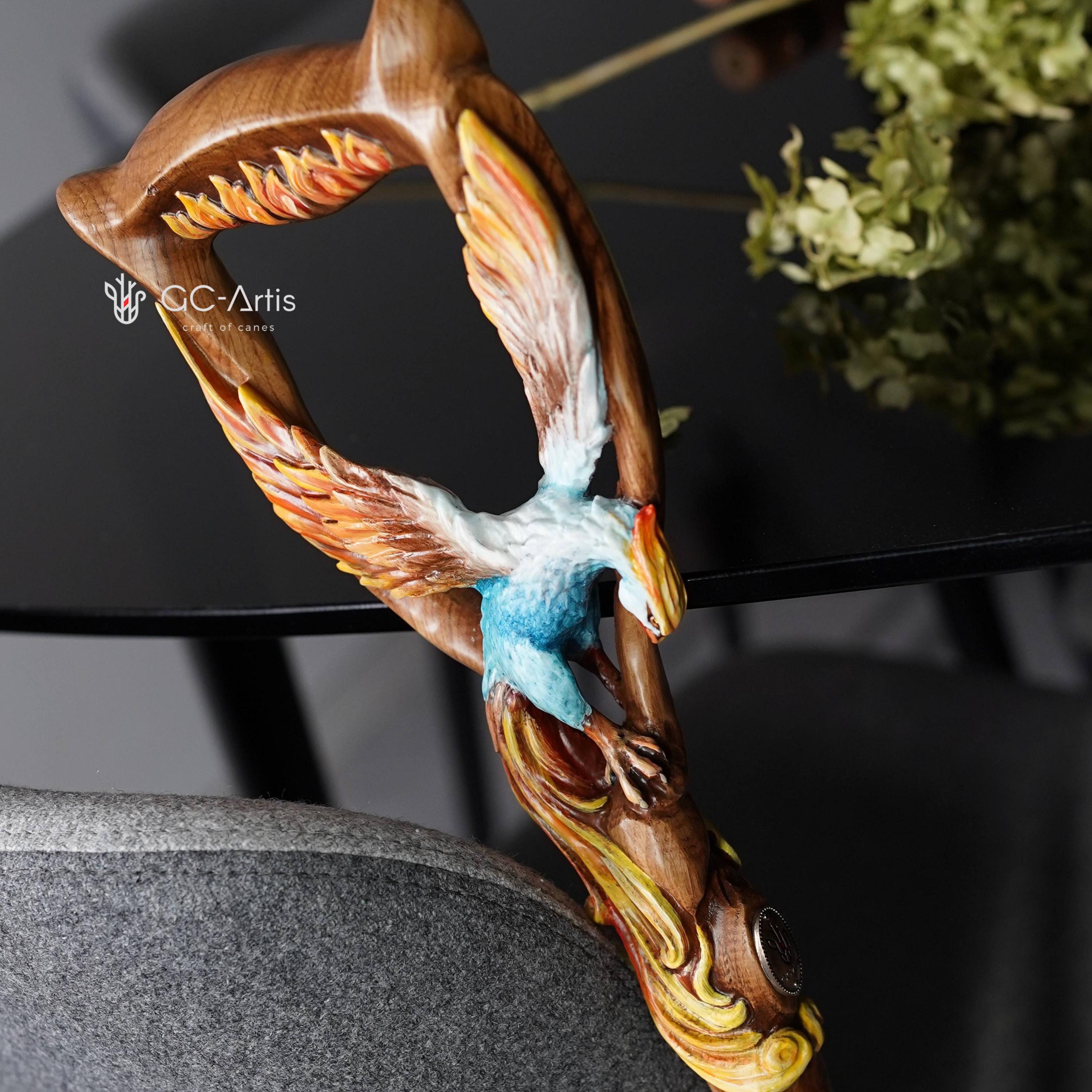 Fiery Phoenix bird Walking stick cane - Handcarved & handpainted Wooden staff in fantasy style - GCArtis - Luxe Hand Painted Canes - wood, Glass Crystalls, Metal