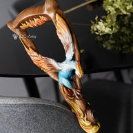 Fiery Phoenix bird Walking stick cane - Handcarved & handpainted Wooden staff in fantasy style - GCArtis - Luxe Hand Painted Canes - wood, Glass Crystalls, Metal