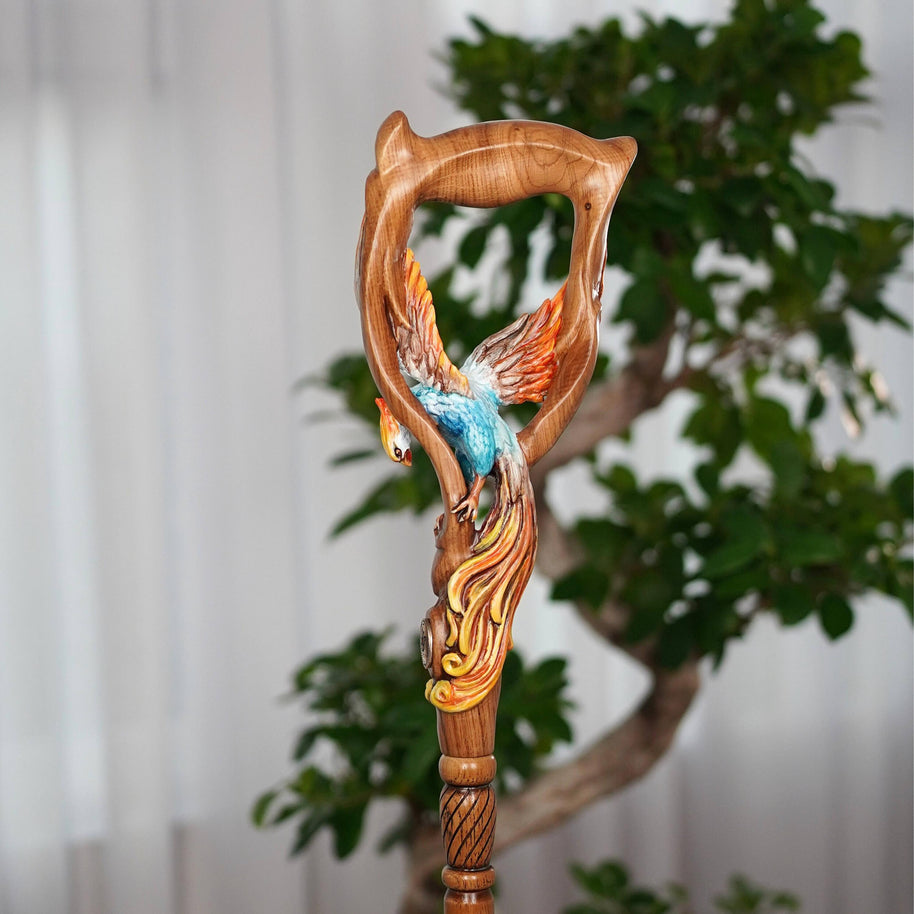 Fiery Phoenix bird Walking stick cane - Handcarved & handpainted Wooden staff in fantasy style - GCArtis - Luxe Hand Painted Canes - wood, Glass Crystalls, Metal