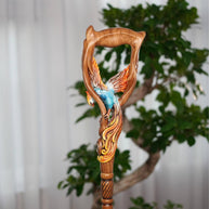 Fiery Phoenix bird Walking stick cane - Handcarved & handpainted Wooden staff in fantasy style - GCArtis - Luxe Hand Painted Canes - wood, Glass Crystalls, Metal