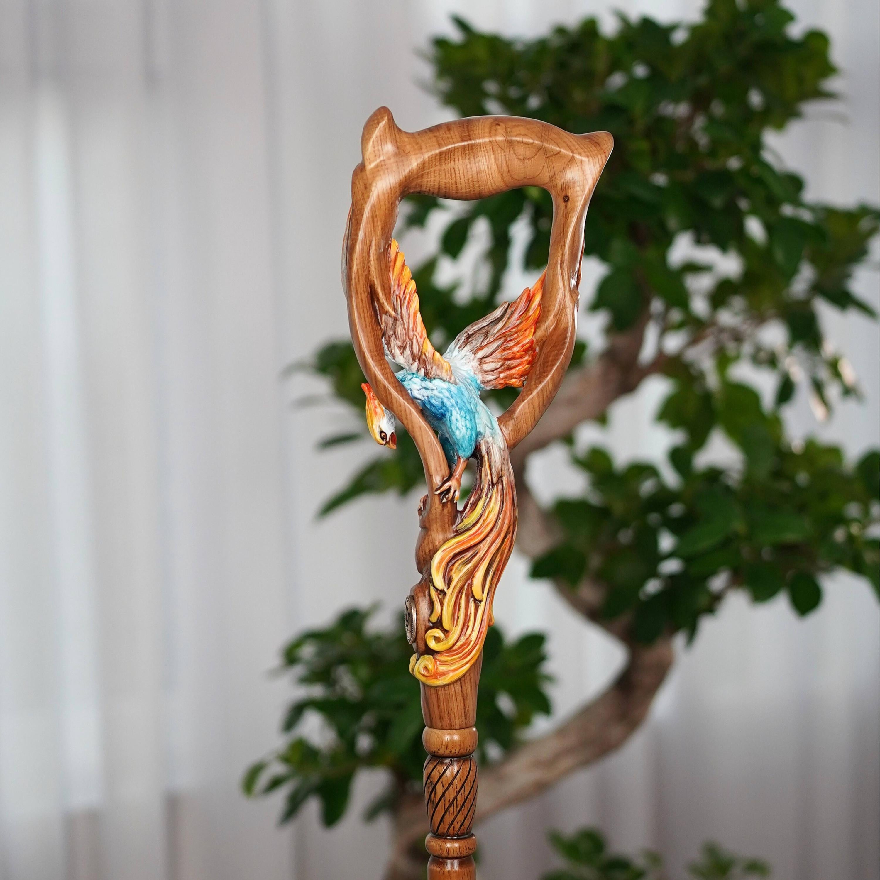 Fiery Phoenix bird Walking stick cane - Handcarved & handpainted Wooden staff in fantasy style - GCArtis - Luxe Hand Painted Canes - wood, Glass Crystalls, Metal