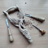 Fiery Phoenix bird Walking stick cane - Handcarved & handpainted Wooden staff in fantasy style - GCArtis - Luxe Hand Painted Canes - wood, Glass Crystalls, Metal