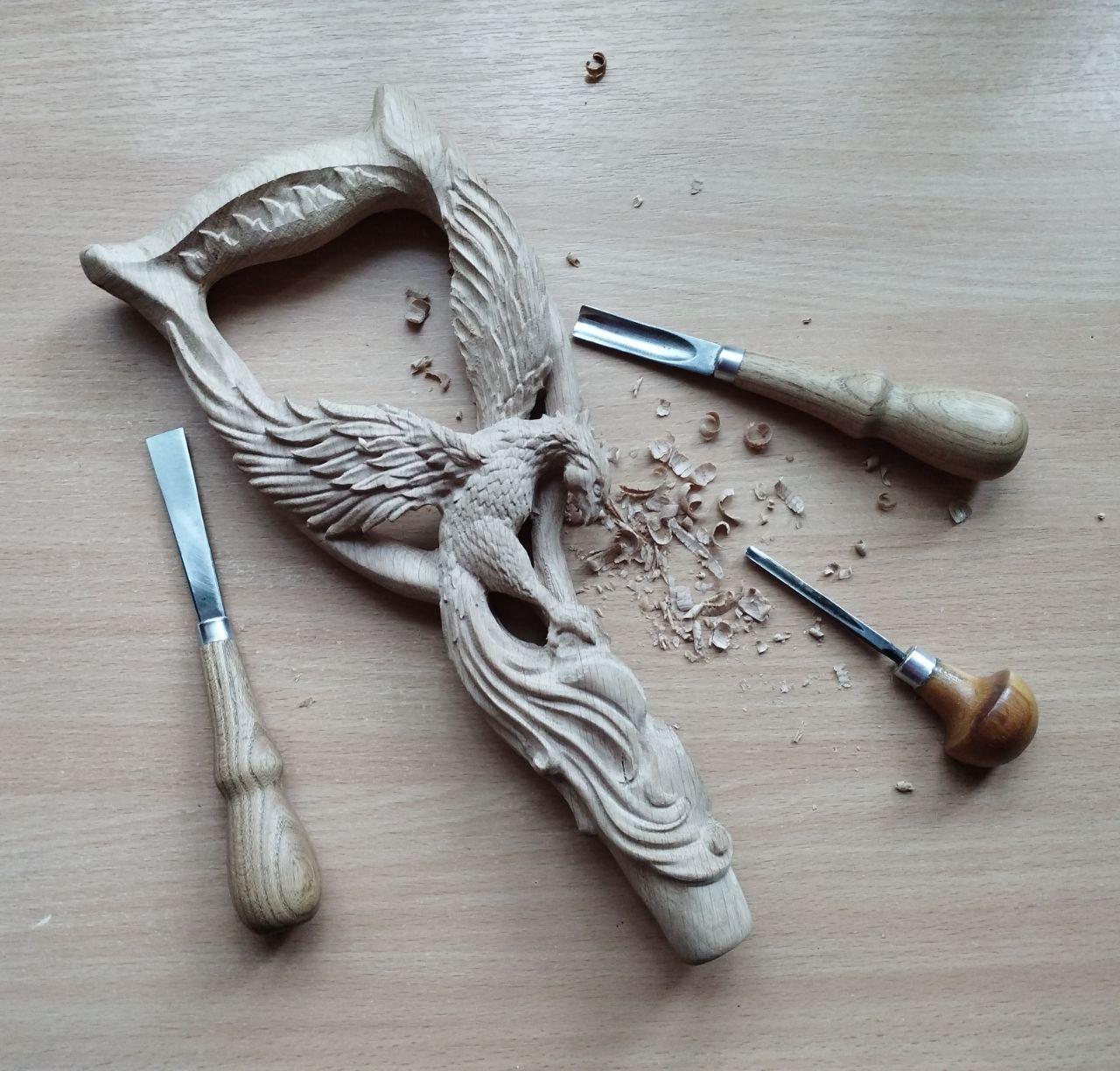 Fiery Phoenix bird Walking stick cane - Handcarved & handpainted Wooden staff in fantasy style - GCArtis - Luxe Hand Painted Canes - wood, Glass Crystalls, Metal