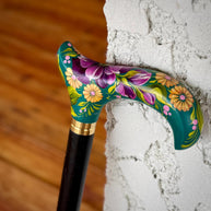 Hand-Painted Floral Walking Cane: Purple Flowers, Marine Green Derby Handle - GCArtis - Classic Wooden Canes - Bronze, wood