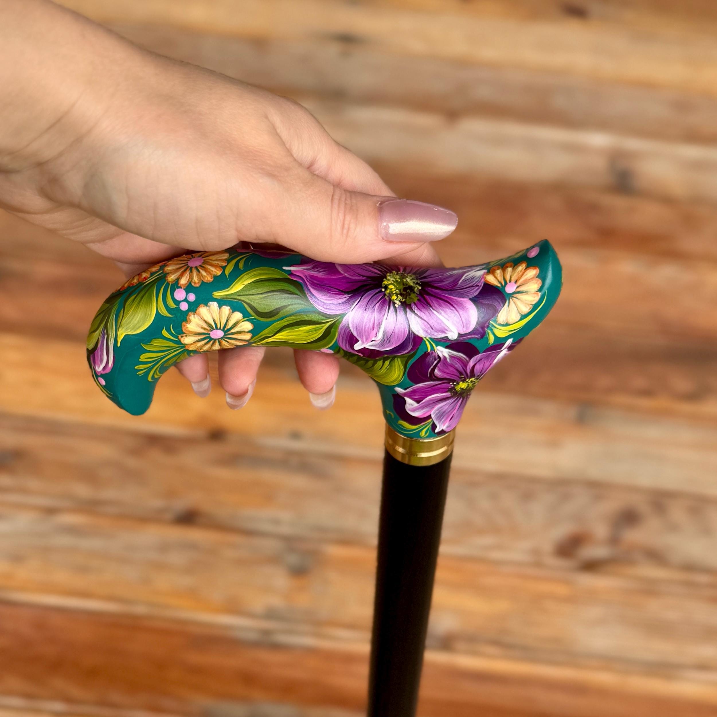 Hand-Painted Floral Walking Cane: Purple Flowers, Marine Green Derby Handle - GCArtis - Classic Wooden Canes - Bronze, wood