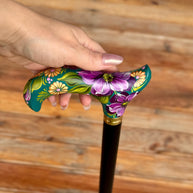 Hand-Painted Floral Walking Cane: Purple Flowers, Marine Green Derby Handle - GCArtis - Classic Wooden Canes - Bronze, wood