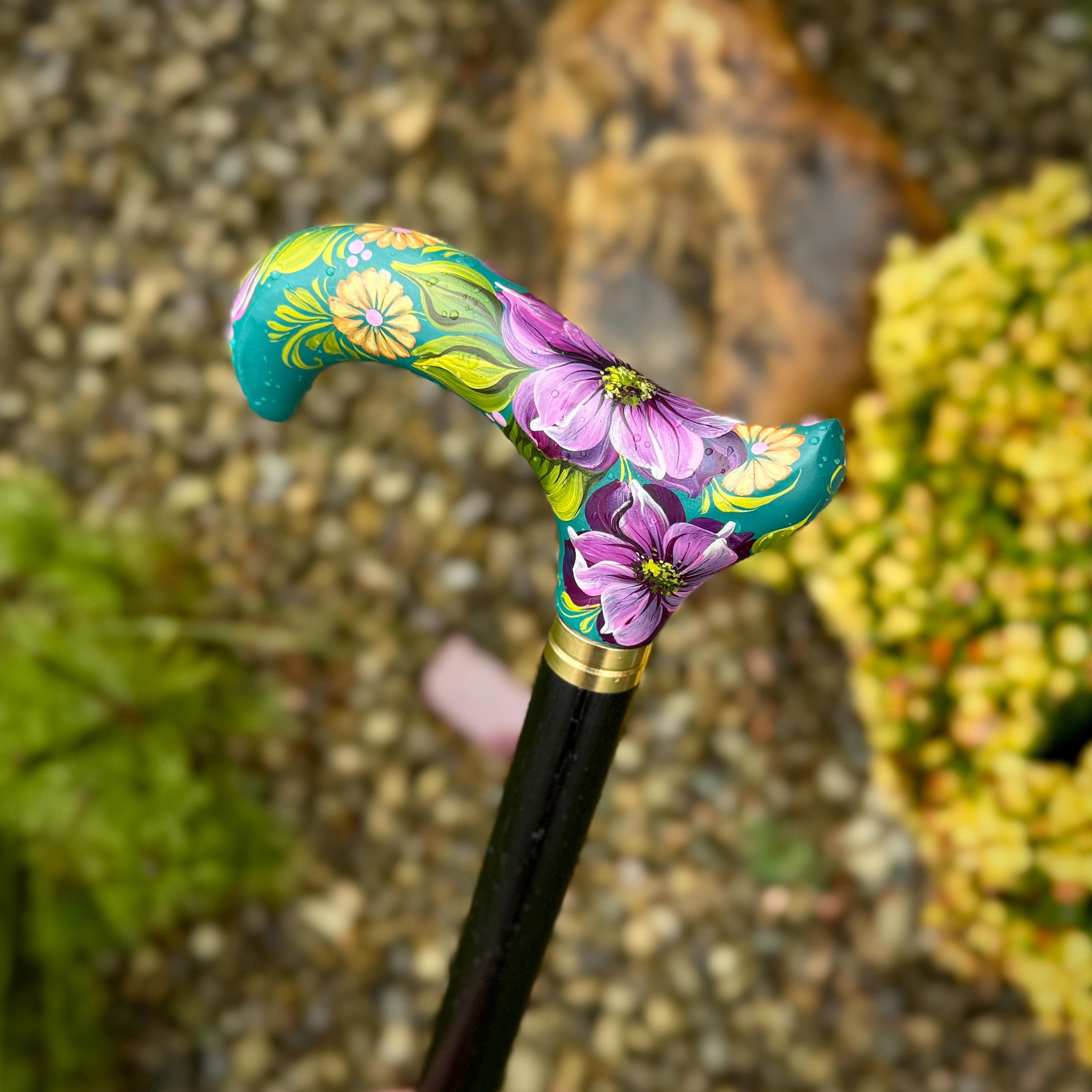 Hand-Painted Floral Walking Cane: Purple Flowers, Marine Green Derby Handle - GCArtis - Classic Wooden Canes - Bronze, wood