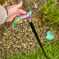 Hand-Painted Floral Walking Cane: Purple Flowers, Marine Green Derby Handle - GCArtis - Classic Wooden Canes - Bronze, wood