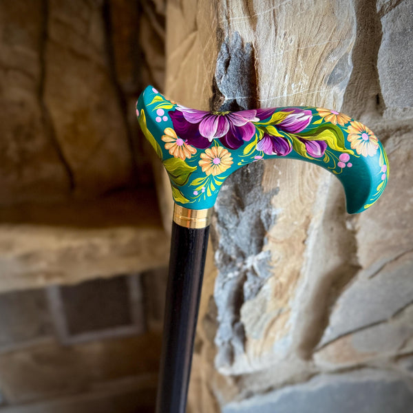 Hand-Painted Floral Walking Cane: Purple Flowers, Marine Green Derby Handle - GCArtis - Classic Wooden Canes - Bronze, wood